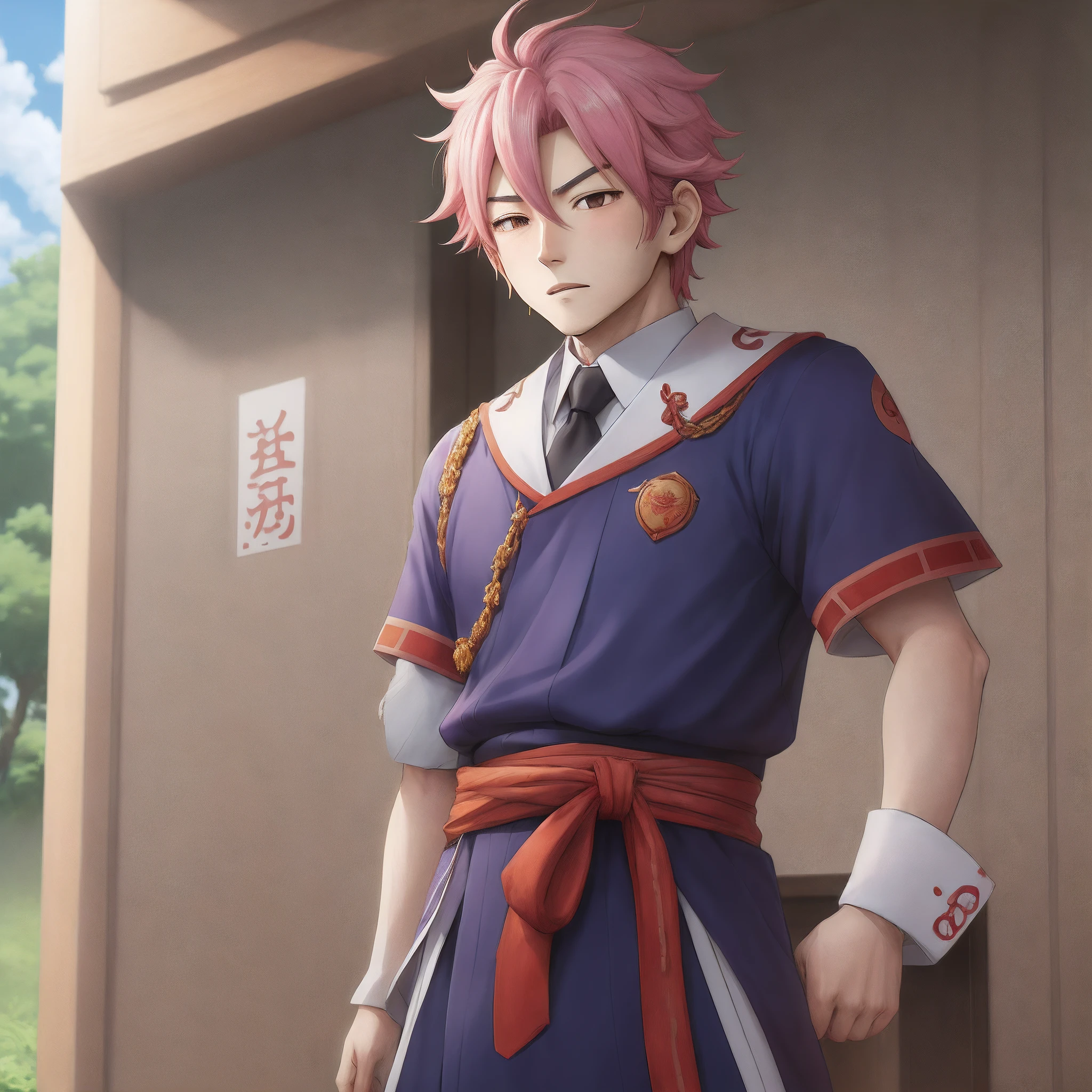 score_9, score_8_wonderful, score_7_wonderful, sauce_anime ,tribe,Male Focus,Part 1: , 1 male,No pants,Red tie,blazer,Bow-legged,Place your hands behind your head.,penis,Wear a collar with a lead,View your audience,Crouching,Pink Hair,Spiky Hair,smug face,get kicked in the stomach,market