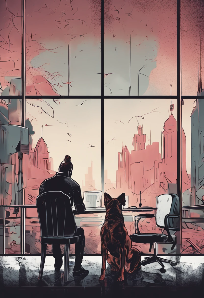 Detailed face, high detal, 8K, hyper HD, High quality,Breaking the Sky Yafi,Sit in a gray chair,this leg,There is a black and white earth dog,Licking his high heels