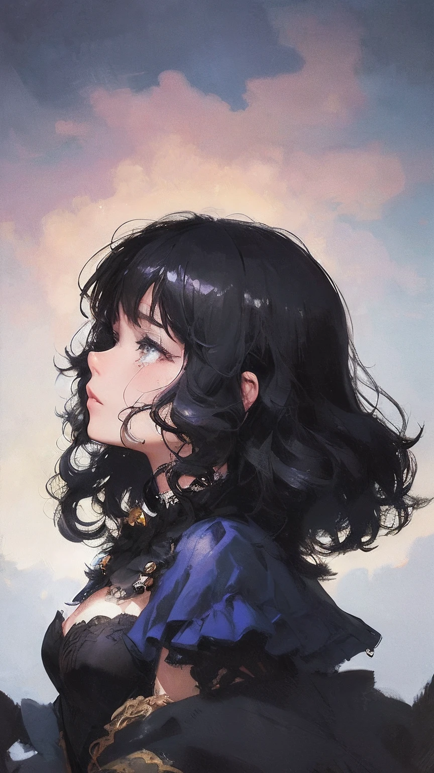 (tmasterpiece),((top-quality)),(offcial art),(Beautiful and indulgent:1.2),(1girl in:1.3),profile,Tears,((Tears are flowing)),facial expression of sadness,Small breasts,((Black beauty)),breasts are small、Break,Beautiful woman in snow white dress,Detailed drawing。Vibrant colors。extremely colorful、highestdetailed ((ultra - detailed)),(highly detailed 2D illustration),((Extremely delicate and beautiful))Super detail