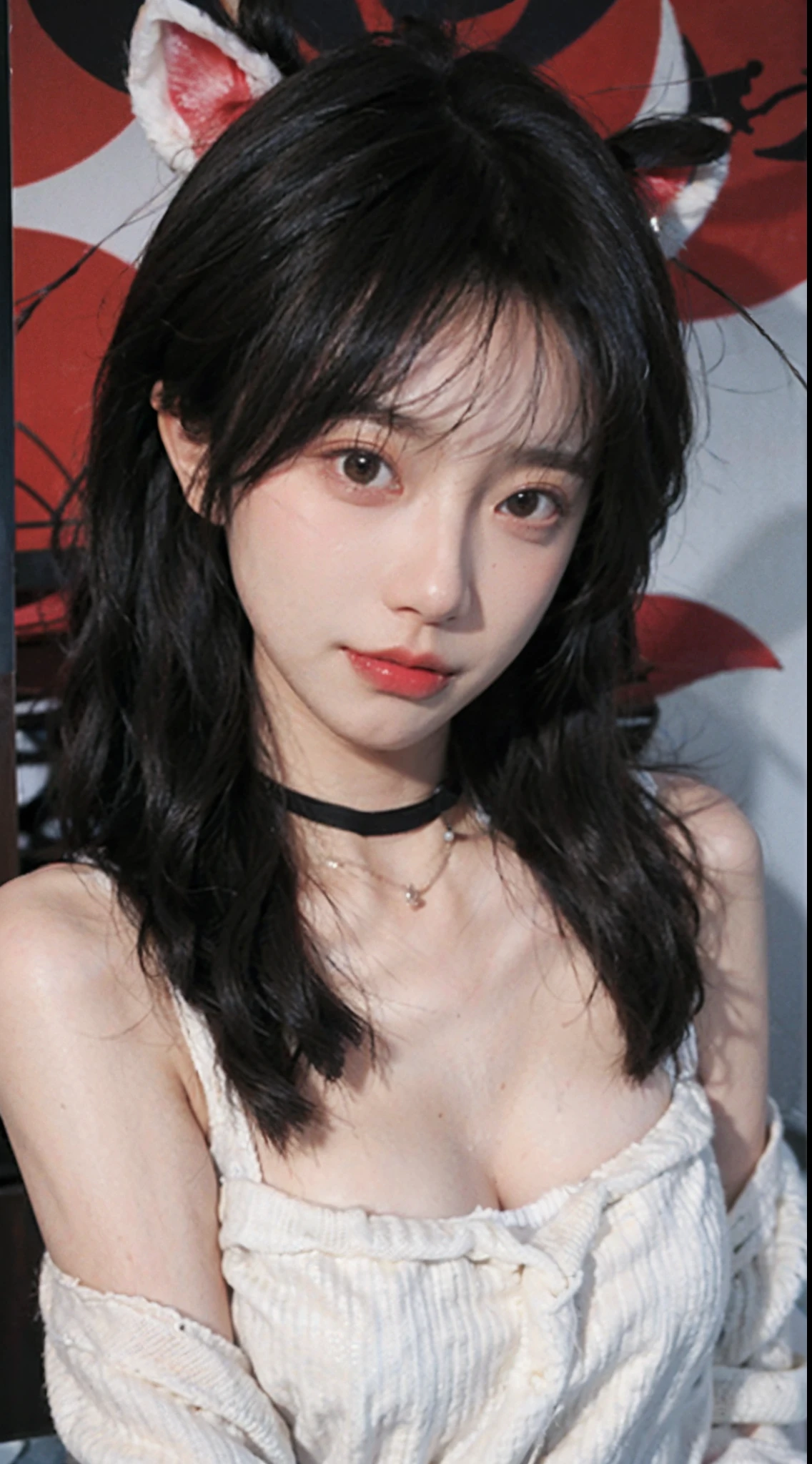 best qualtiy， 超高分辨率， （realisticlying：1.4），Baoyu Girl，1girll, with long coiled hair，Blushlush，Looking into the distance，nedium breasts，Cropped red sweater，a sense of atmosphere，Beautiful woman with a slim figure:1.4, Pronounced abs，Ultra-fine face，Elaborate Eyes，二重まぶた，choker necklace