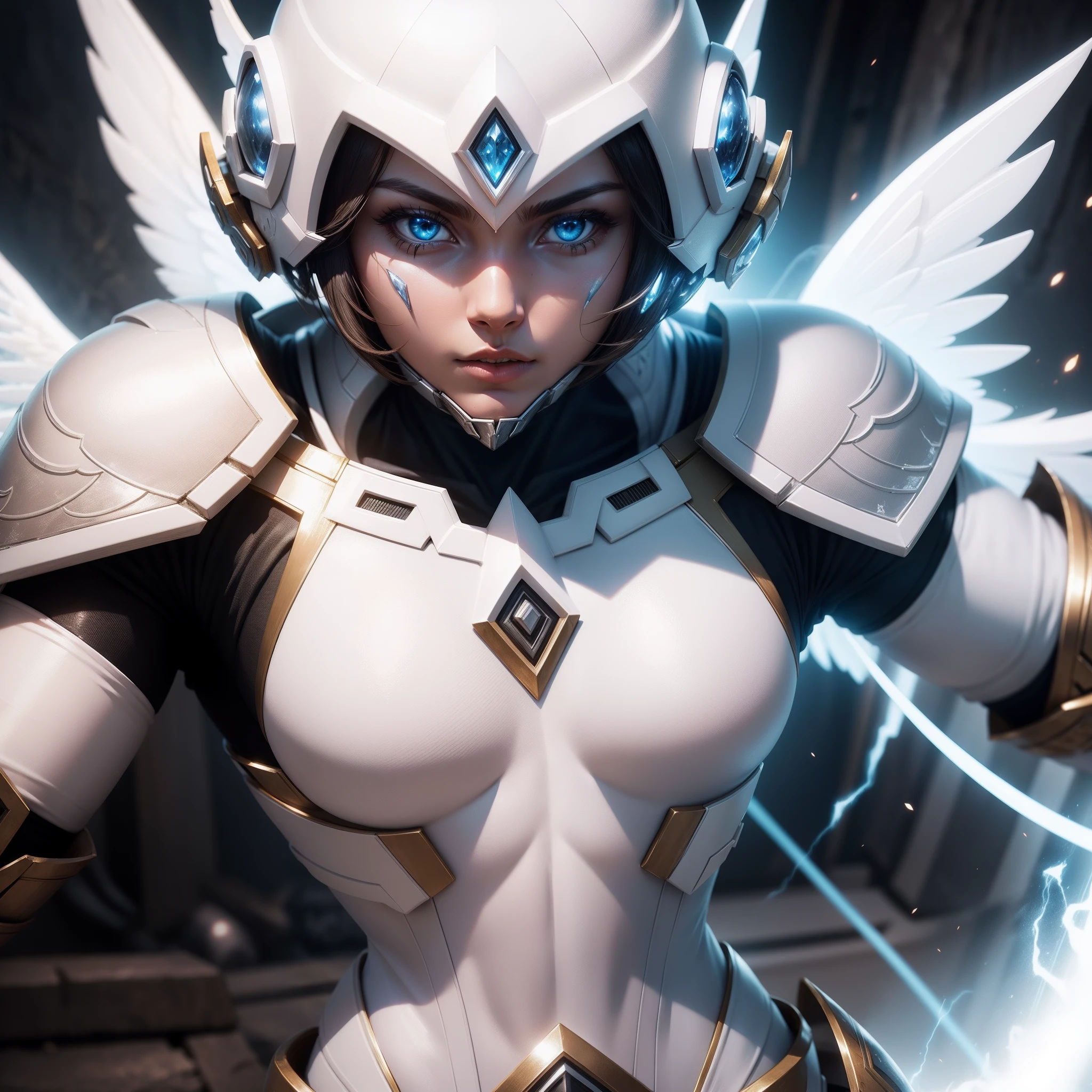 White power ranger, warrior, sky detail armor, angelical, cinematic, hyper detailed, high quality, global light
