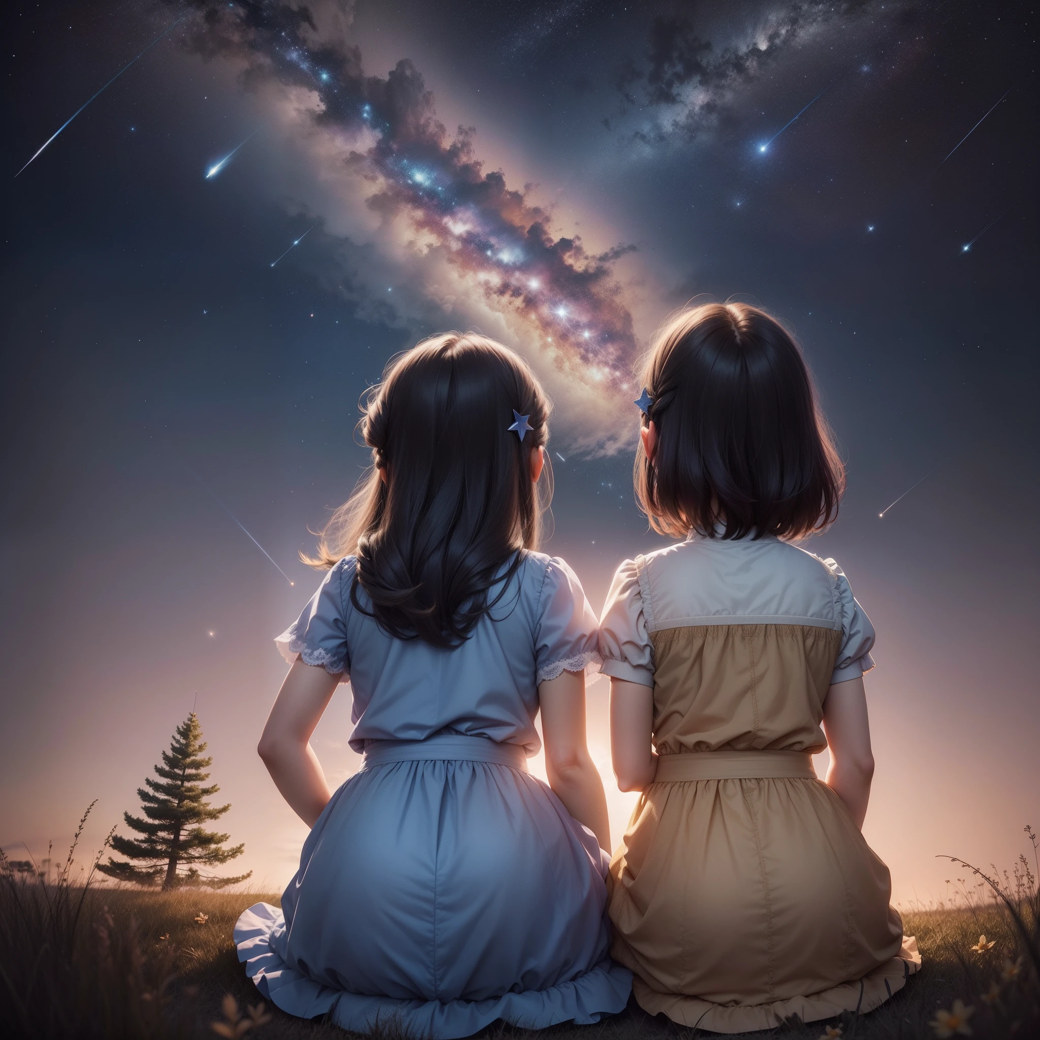 Photo of the backs of two s, a 12-year-old and the other an 8-year-old, looking up at the sky, making a request for a passing shooting star.