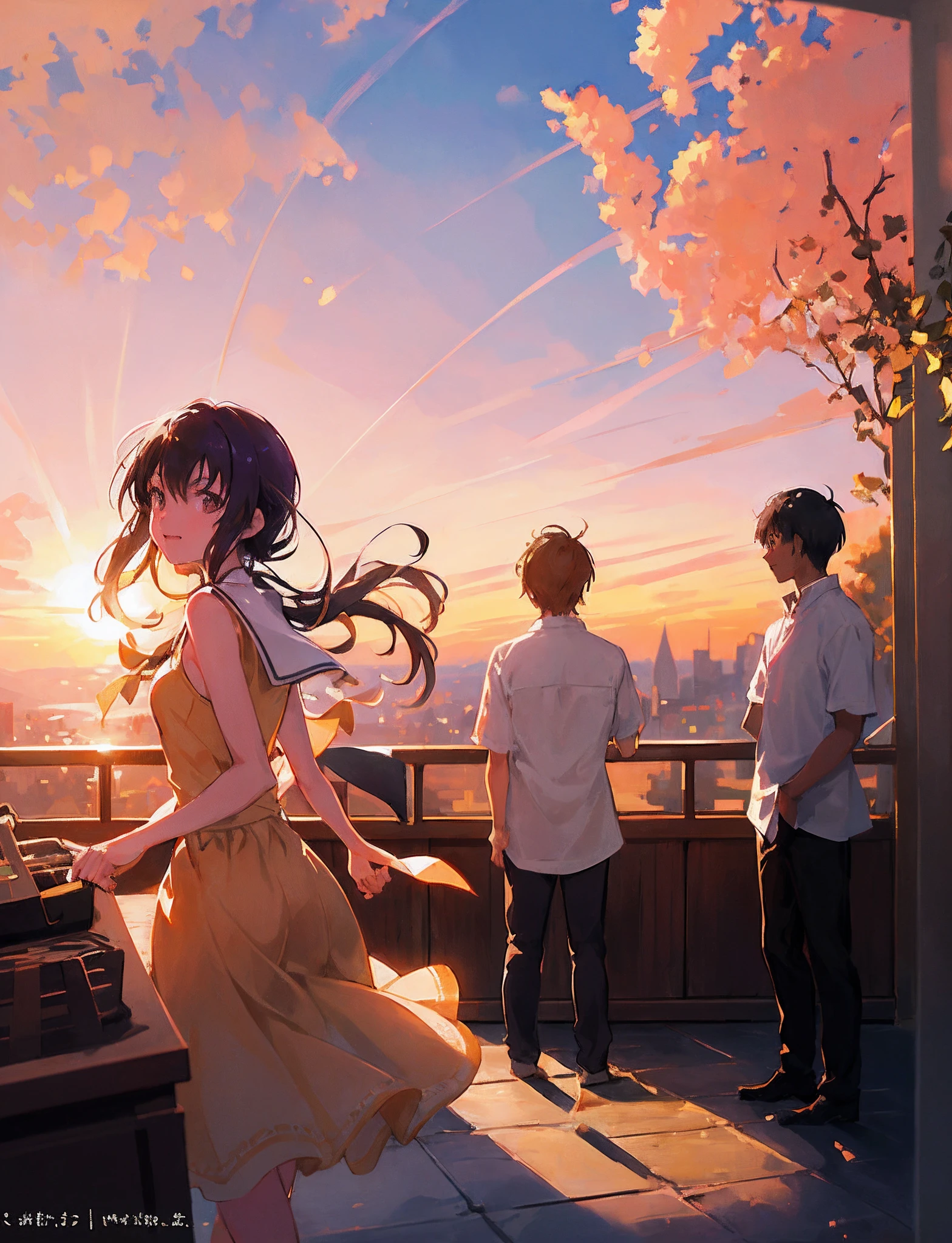 Create an exquisite illustration reminiscent of Makoto Shinkai's style, characterized by its superfine detail and top-tier quality. Create a captivating illustration that encapsulates the essence of nostalgia and fantasy as a group of students gather on the rooftop of their school, all wearing smiles as they gaze at the mesmerizing sunset. The sun hangs low in the sky, casting a warm, golden glow that bathes the entire scene in a dreamlike atmosphere. The setting sun creates a breathtaking panorama, turning the sky into a canvas of vibrant colors - hues of orange, pink, and purple blending seamlessly. The students, with their faces lit up by the golden light, wear expressions of awe and tranquility as they take in the spectacle before them. Pay meticulous attention to detail, allowing the sunlight to dance on their joyful expressions, and the interplay of light and shadow to emphasize the textures of their surroundings. Your objective is to create an image that not only captures the serenity of the moment but also sparks the imagination, inviting viewers to join these students in their contemplative and magical experience. Through your artistic prowess, transform the rooftop into a stage for nostalgia and wonder, where the shared view of the sunset brings about a sense of camaraderie and a connection to the beauty of the fleeting moment