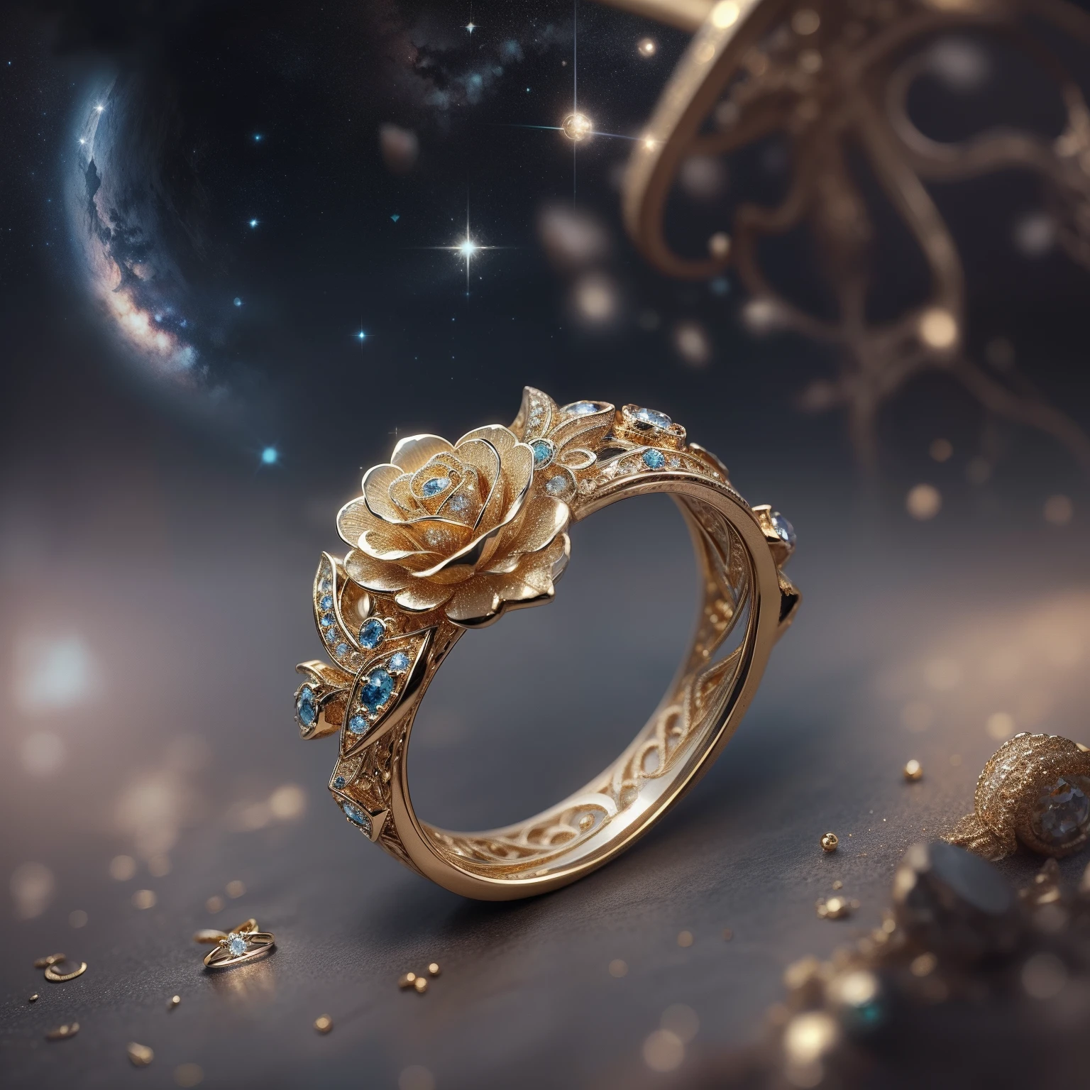 Masterpiece，highest  quality，(Nothing but the ring)，Beautiful ring, Ultra detailed，(No Man),Ring in the shape of a rose，starrysky，Wrapped around the end from beginning to end，Delicate gold ring，Starry sky in the ring,The sheen，inverted image，Sparkling gemstones，Elegant and noble,simple backgound