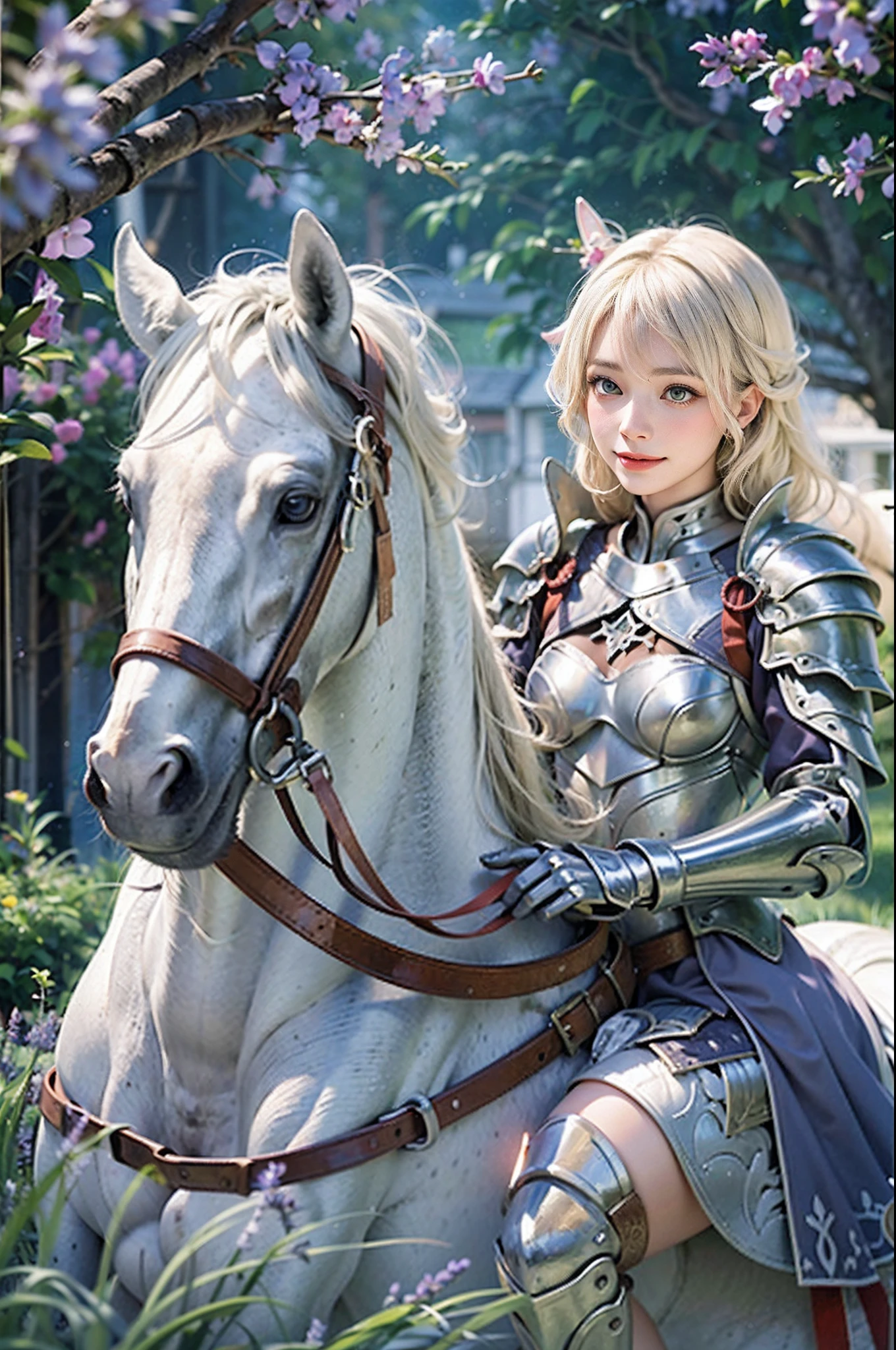 ((top-quality,​masterpiece, Ultra-detailed)),1 Young Female Knight, 25-years old ,(ultra hi definition photo), (Professional Photography), grand background, masutepiece, Cinematic Light, Fantasy World,Beautiful, (Shiny blonde hair), Medium Hair, Braids, Wave hair, Shining eyes, Blue eyes,(Powerful smile:1.2), Fashionable silver half plate and dress armor, (Lavender fields), in isekai,Medieval Europe,(White horse:1.6), chies,covered with thorns, Lens Flare, Perfect Lighting,Perfect horse,Great sword