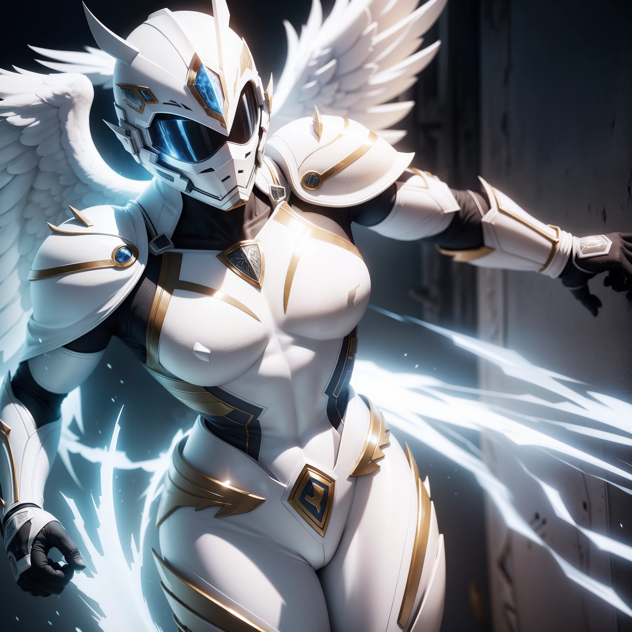 White power ranger, warrior, sky detail armor, angelical, cinematic, hyper detailed, high quality, global light