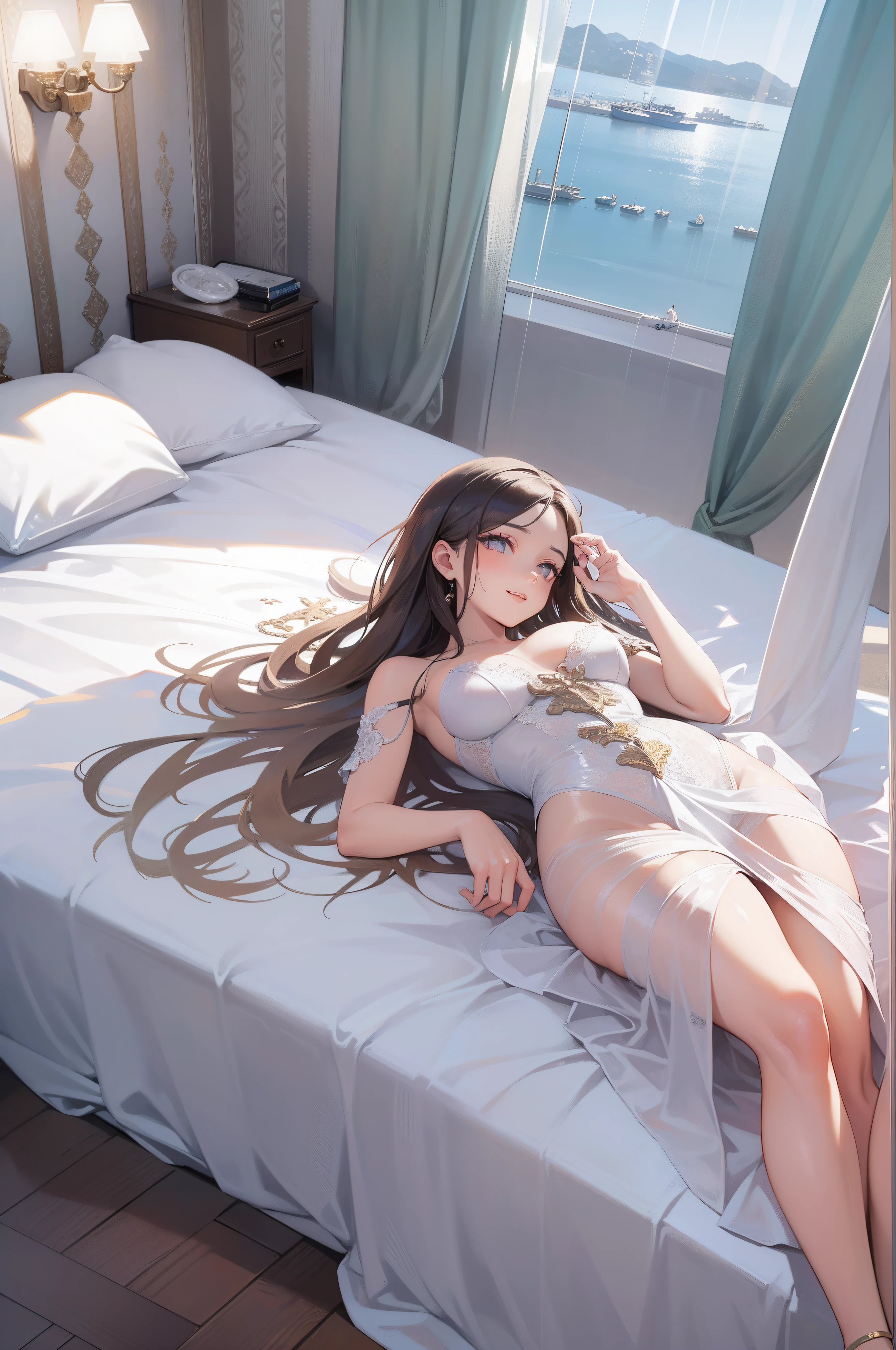 ((Sexy and beautiful woman lying on the bed and looking up)), the cutest 20-year-old beauty, charming smile, ((seaside resort)), ((very long hair)), ((skimp high resort fashion)), ((rich bust)), gradient eyes, seductive makeup, show lighting, single perspective, canon, nffsw, retina, masterpiece, accurate, anatomically correct, texture Doskin, Super Detail, High Detail, High Quality, Award Winning, Highest Quality, High Definition, 1080p, Hard Disk, 4K, 8K, 16K