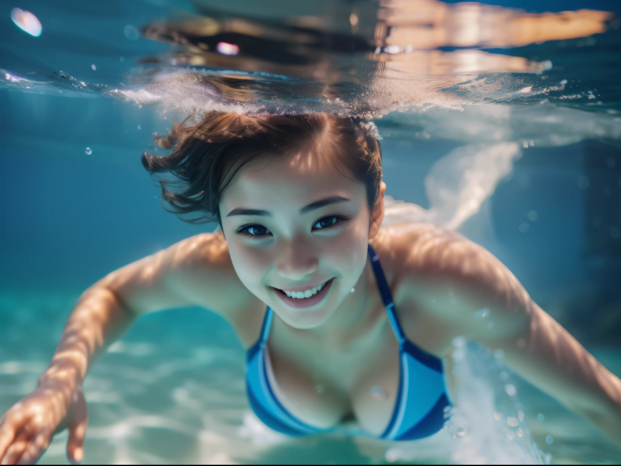 (Hyper-realistic), (8K picture quality), ((masterpiece)), ((Best Quality)), (Ultra-detailed), Japanese cute girl, 18yo, ((under the water:1.0)), In the clear light blue sea、swimming、((dive:1.0)), Prone, Forward-facing face, perfectly thin micro bikini, Light brown hair, short hair, beautiful black eyes, very small breasts, perfect body, close mouth, smile, grin, tropical fish, foam、bubbling、Bright sunshine、midsummer