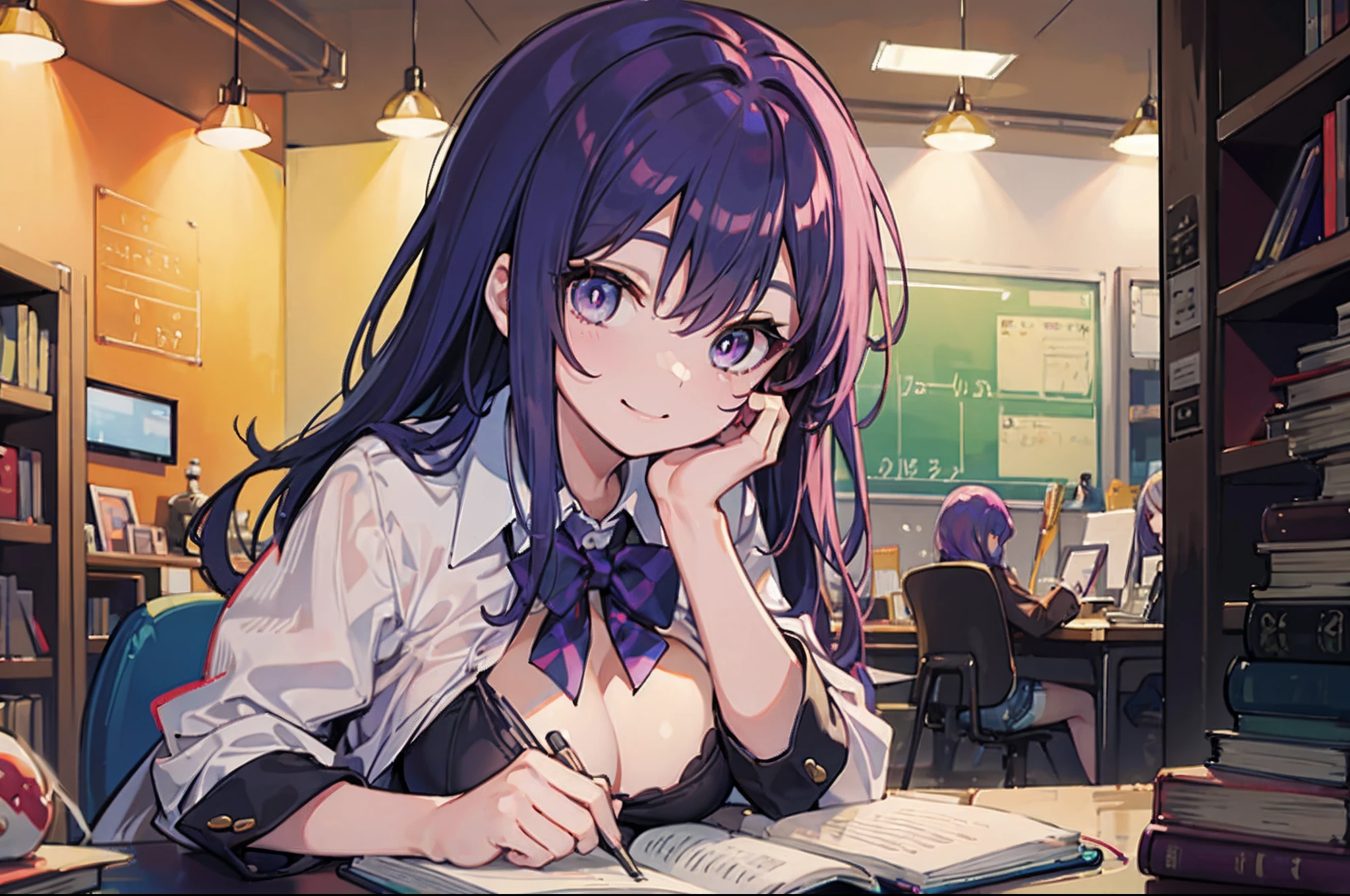 Beautiful woman　Studying　Smiling face　on desk　atlibrary　deep in the night　murky　nighttime scene　Test Preparation　Pupils　Purple hair　Studying Mathematics　Colossal tits　Beautiful eyes that seem to be sucked in