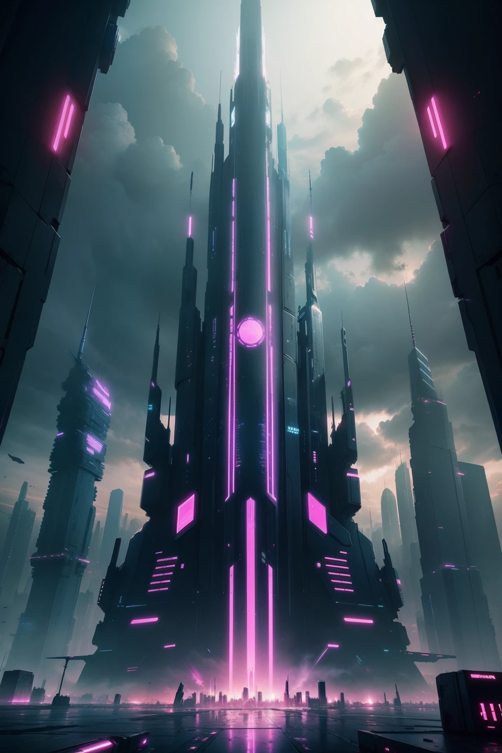 Futuristic city scenery destroyed synth wave, day