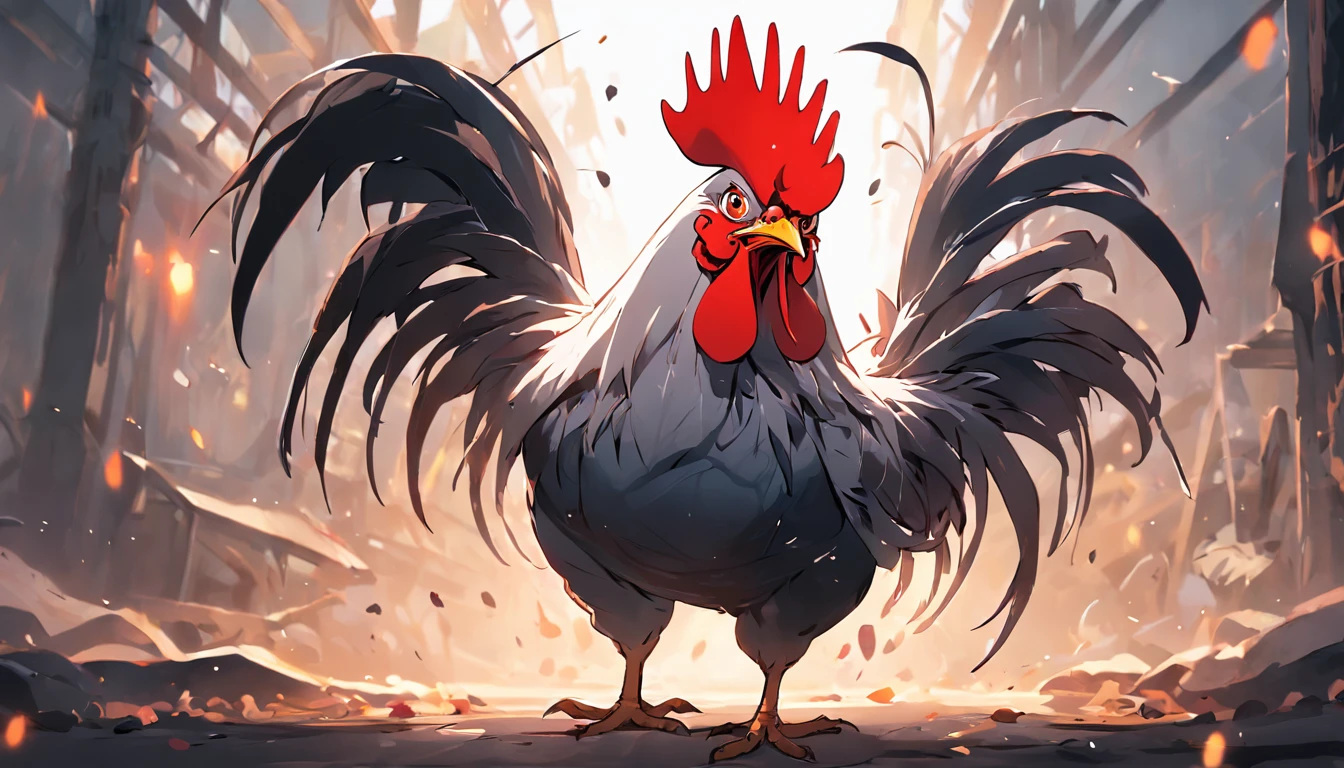 "A rooster, Exaggerated chicken with big eyes, Crazy zoo style, Cute chickens, Humorous chicken."