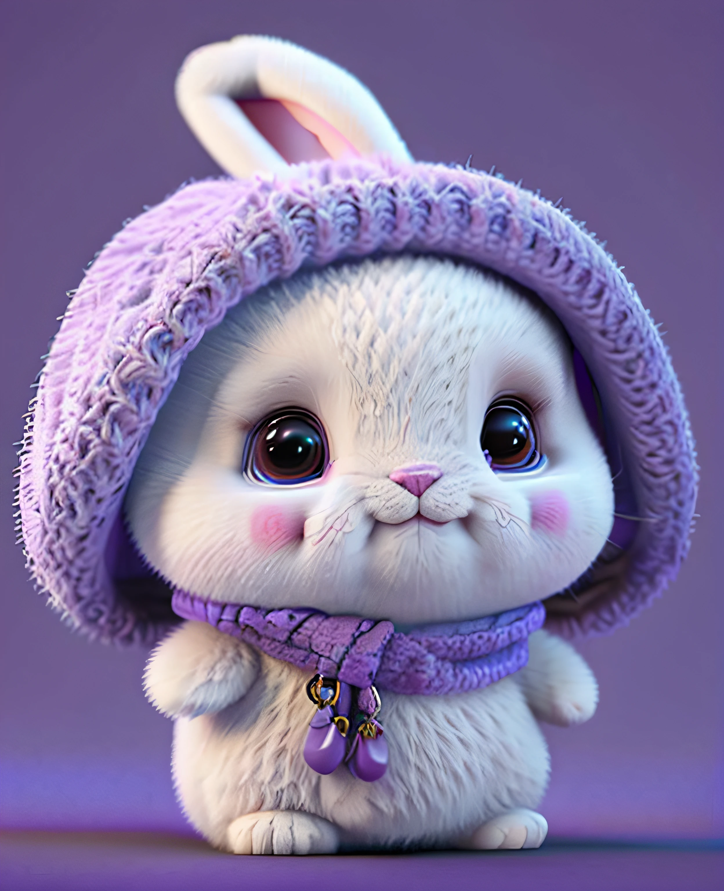 Close-up of plush toy wearing purple hat, cute anthropomorphic bunny, cute character, cute cute, Cute cartoon character, adorable digital art, cute colorful adorable, lovely digital painting, cute animal, edgBunny_Character, Cartoon Cute, cute 3 d render, Adorable, beautiful lovely, cute cute, Cute creatures with bright colors,action shot,3D cartoon characters,Realistic 3D rendering, Photorealistic photography, 4K 分辨率