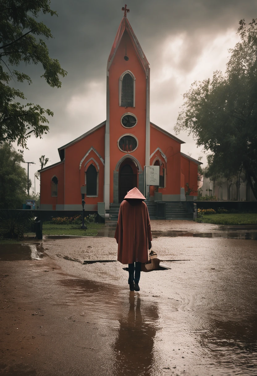 A woman walks into the church on a cloudy day during a rain shower."