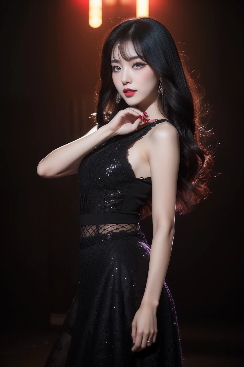 (8k,realisticlying,A detailed,Very detailed faces)
Outside the hospital,Her posture is somewhat incongruous。She has long black hair,scattered land 披在shoulder上,A few strands of hair are mixed with bizarre colors,Like bright red drops of blood。Her eyes were bright and wild,There is a strange morbid glow。The makeup is extremely intense,Lilac eyeshadow outlines her succubus-like eyes。A crimson liquid lipstick fell from the corner of her mouth,Let her smile carry a palpitating evil。Wearing a black dress,The tight fit sets off her curvy figure。The hem of the skirt is inlaid with a weird lace,As if hinting at her deep perversion。On slender fingers,Wearing a black bracelet,With sharp thorns。From time to time, the bracelet glows glow,It's chilling。Wearing a pair of black high heels on his feet,The heel is unusually sharp,Make a screeching sound。Every step she took,All with a provocative gesture,As if releasing its own perverted aura to the world。There is something irresistible about her hidden in her。