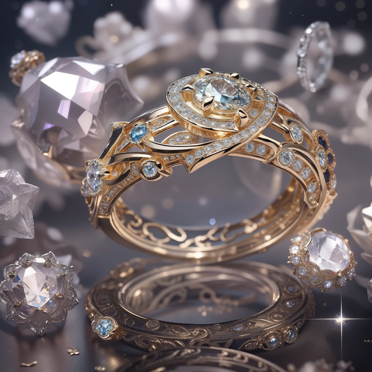 Masterpiece，highest  quality，(Nothing but the ring)，Beautiful ring, Ultra detailed，(No Man),A ring in the shape of a rose，starrysky，Wrapped around the end from beginning to end，Delicate gold ring，Starry sky in the ring,The sheen，inverted image，Sparkling gemstones，Elegant and noble,simple backgound