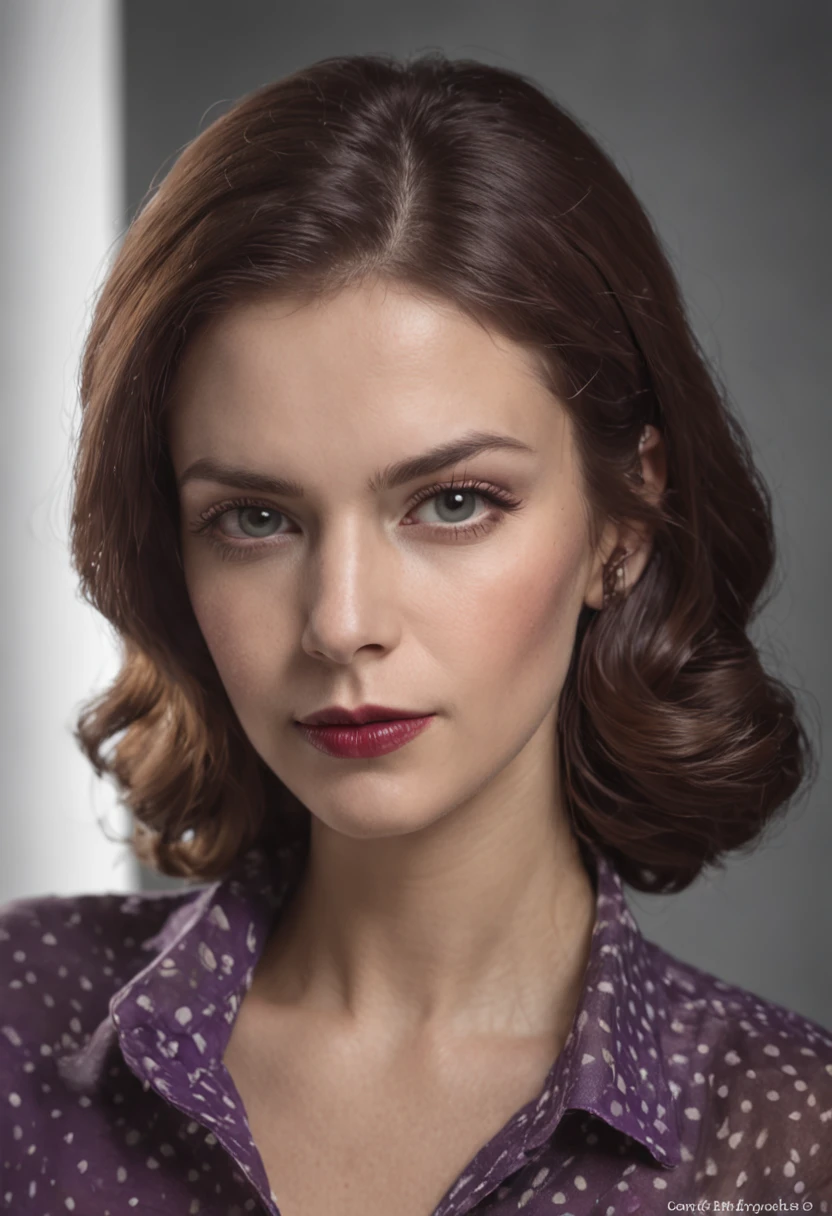 Retrato arafed de uma mulher com um cabelo escuro e uma camisa roxa, retrato colorido, Olga Buzova, Retrato estilizado H 640, Retrato estilizado H 1280, art deco portrait, retrato de alta qualidade, arte digital de um elegante, Directed by: Lucia Peka, inspirado em Ayn Rand, Directed by: Mario Dubsky