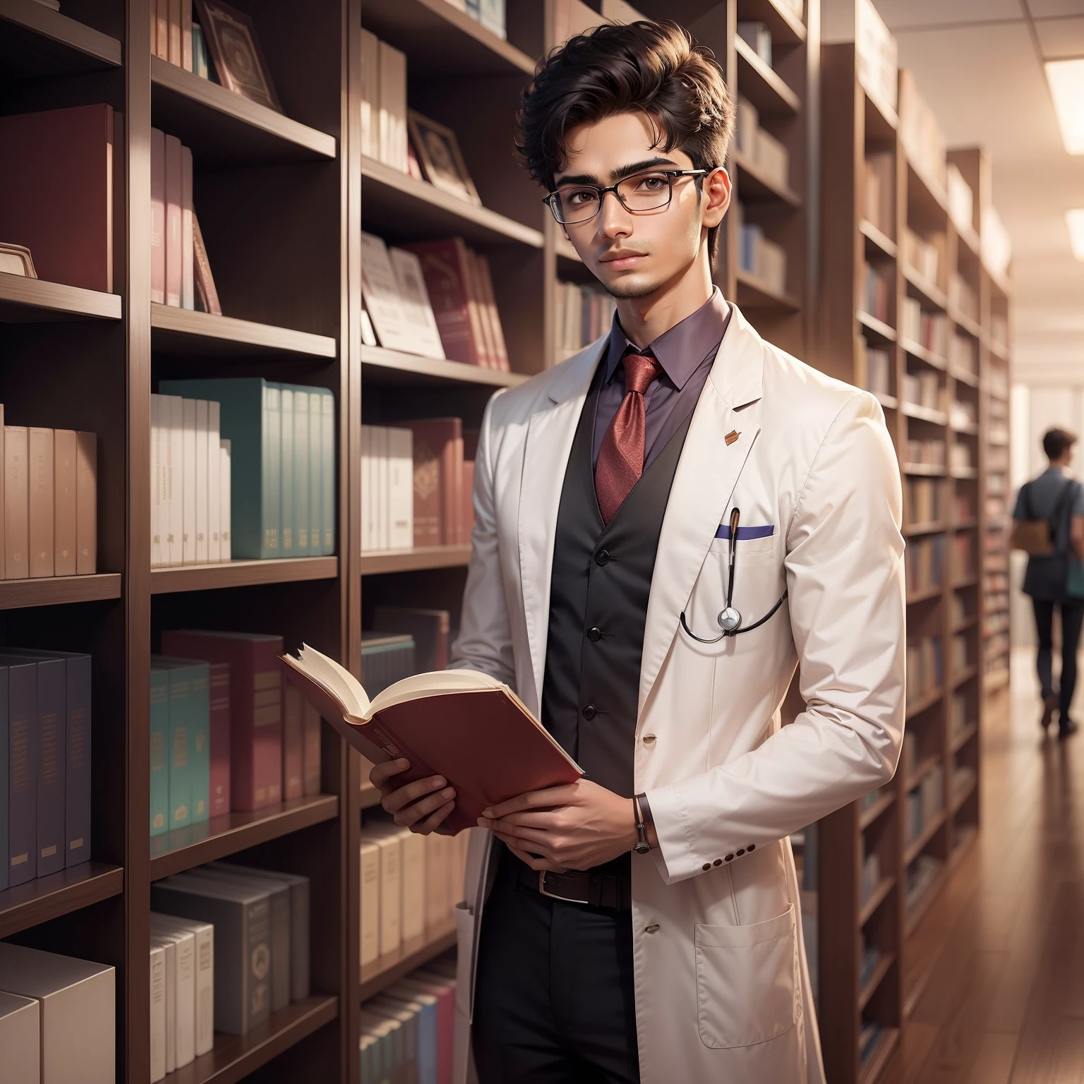 A young handsome Indian medical student of 21 year old standing near a shelf of medical books and journals in a well arranged big medical library vector art