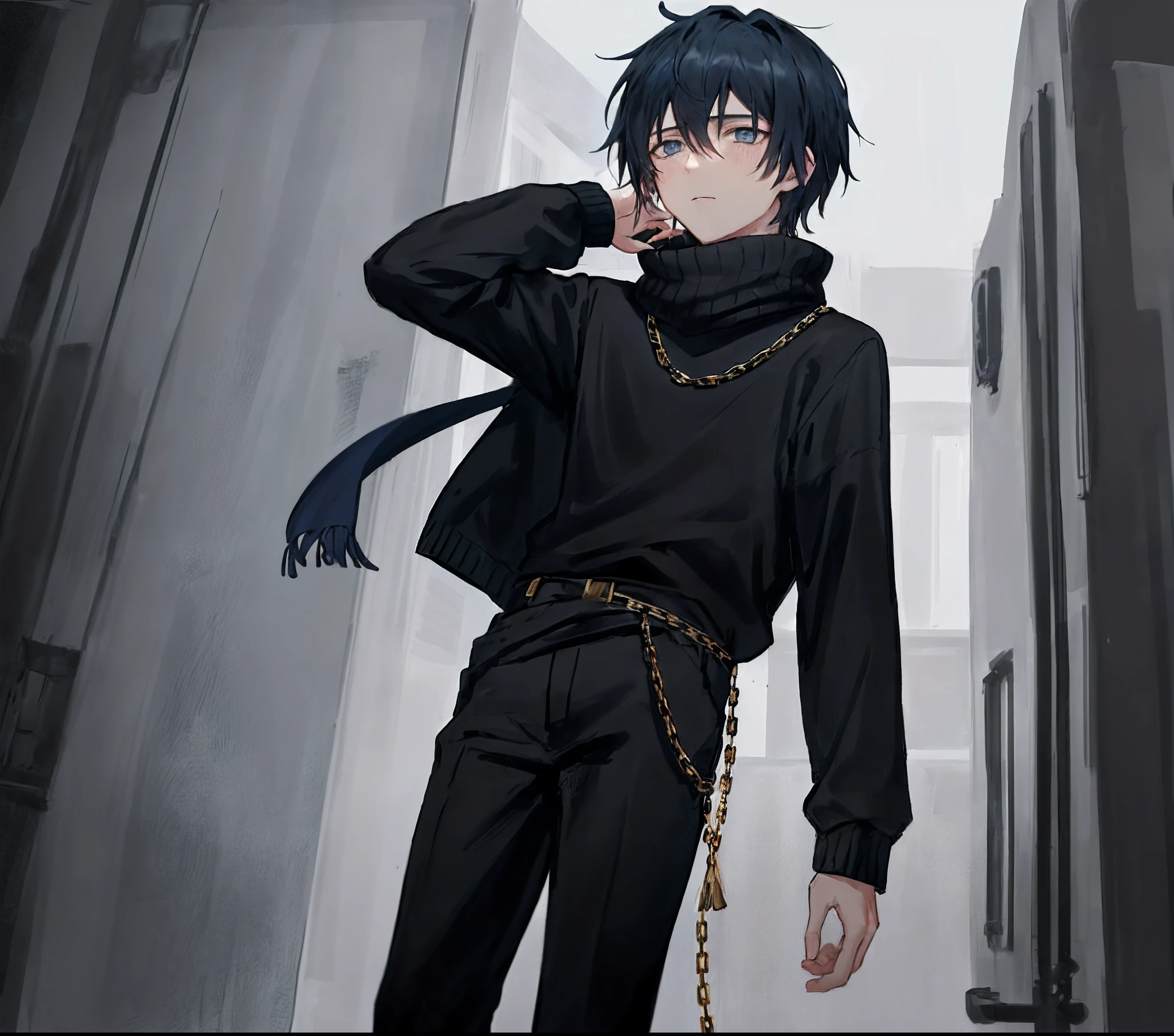 an anime boy with shoulder-length black hair, a small face that looks like a student, cold blue eyes that can't be seen by anyone, and a cold expression on his whole face. conceited. Wearing a black turtleneck sweater, a gold chain, and a long gray wool scarf around the waist, wearing a pair of black pants