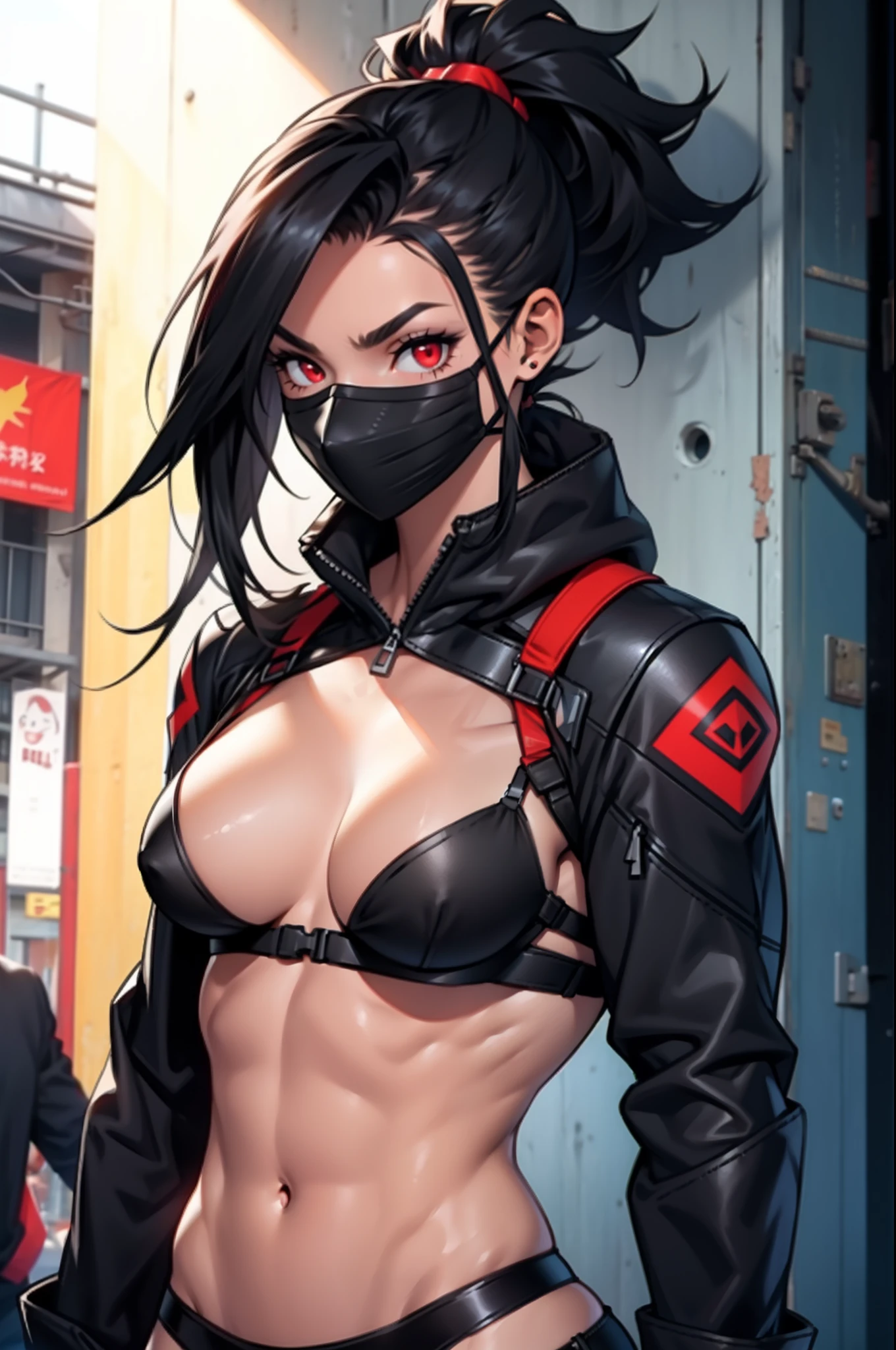 1 girl, ((muscular)), tanlines, spiky ponytail, toned body, black hair, red eyes, (mask), perky breasts, long hair, navel