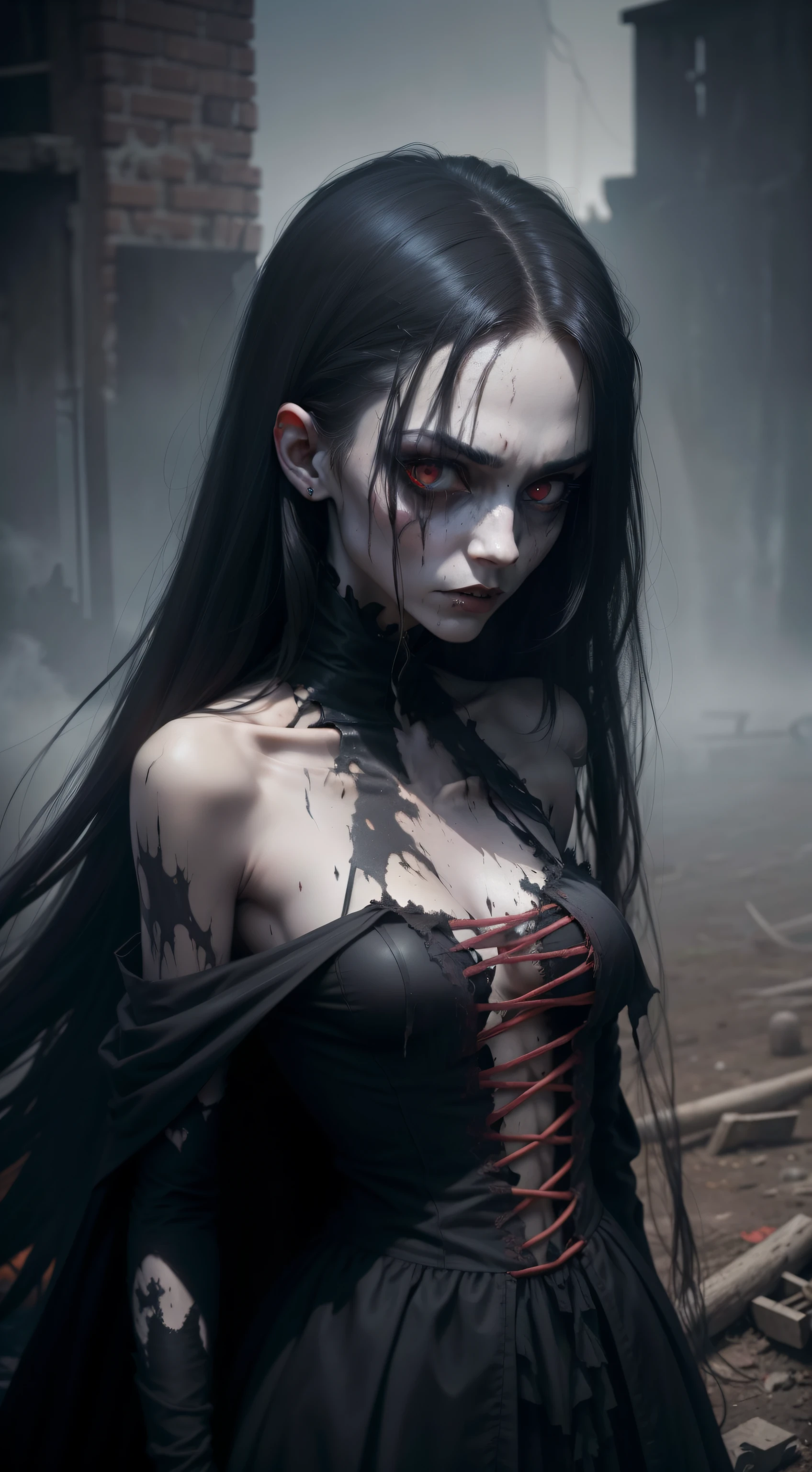 A very pal humanoid character, with red eyes, her name is (The Englewood Witch), she is crazy, nuts, horror, she is creepy, she is scary, shock value, very evil, she is skinny, evoke, fear, terror, dread, decay, disgust, she is a Psycho, dark, unusually thin, thin, scraggly, emaciated, twisted, frightening, sick, solo, close up, (messy_long_dark_hair), fog, evil eyes, eyes glowing, (she is wearing a very dirty old torn_black_dress), fall weather, dusk, rising from her grave, full body, floating in the air, vampire, 1600s