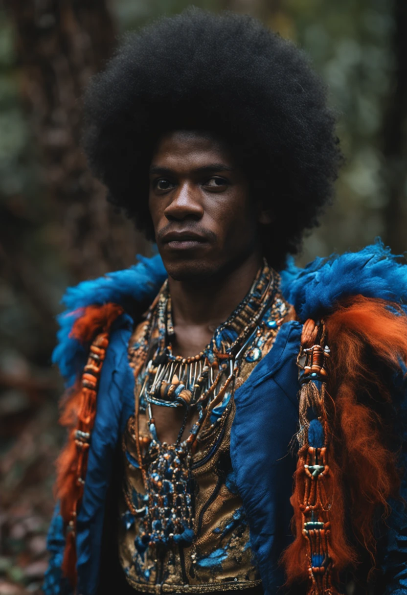 guerreiro negro afro com vestes azul, sword in hand, colar azul, ogum, orisha, na floresta