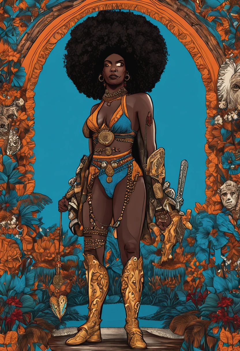guerreiro negro afro com vestes azul, sword in hand, colar azul, ogum, orisha, na floresta