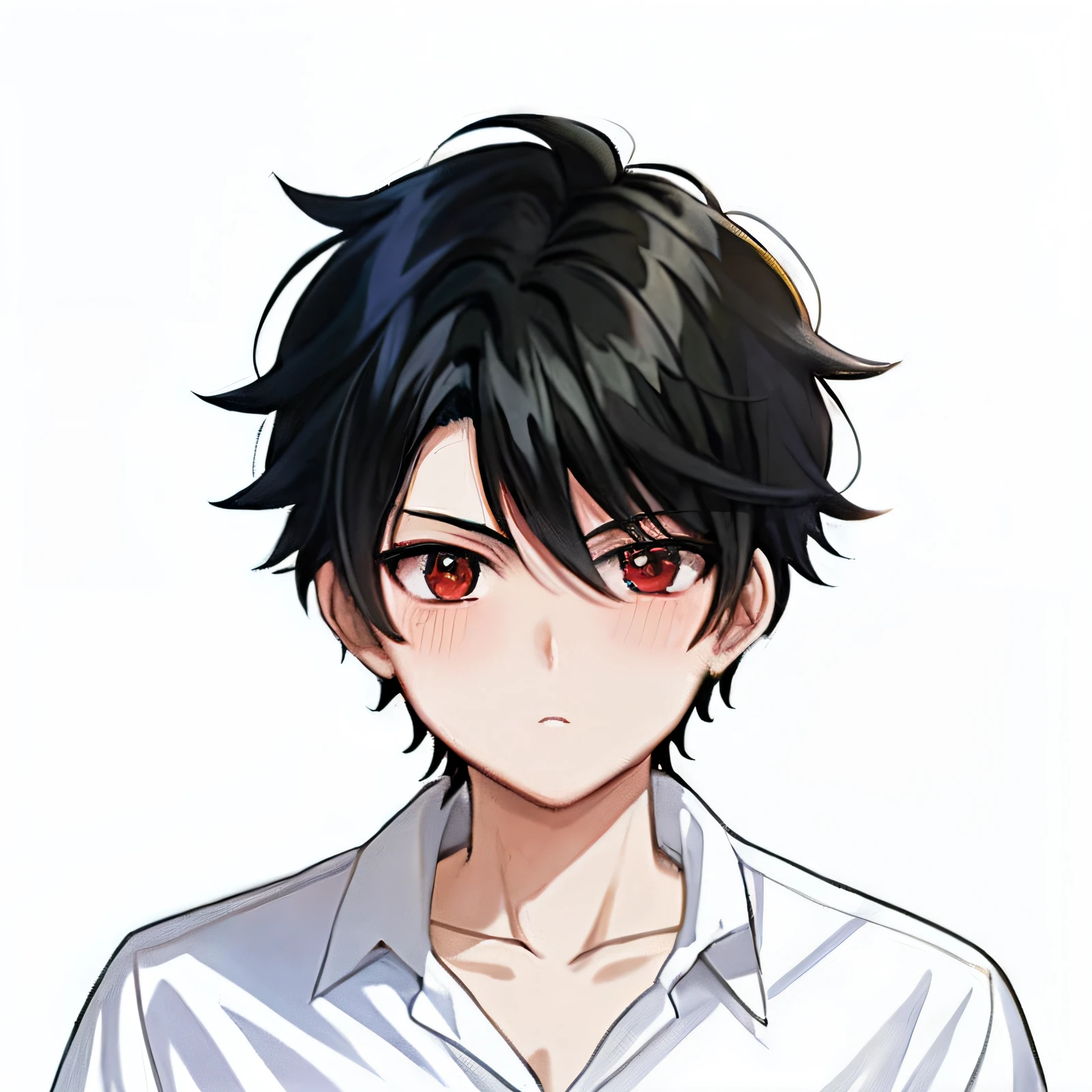 A painting of a boy with black hair and a white shirt, boy has short black hair, inspired by Okumura Togyu, author:Okumura Toju, inspirado em Okumura Masanobu, cute anime face, Anime boy, resin, kentaro miura manga art style, pouty, pin on anime, in an anime style