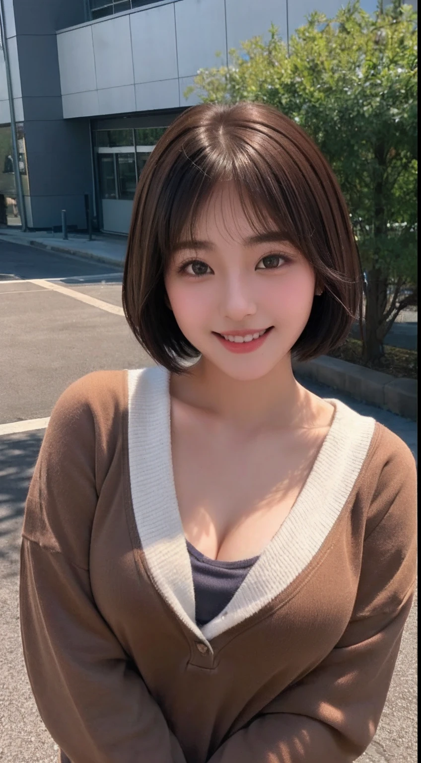 girl with、1人、top-quality、Beautiful fece、Lovely、Large breasts、Shorthair、Masterpiece、Brown hair、a smile、hi-school girl、校服、