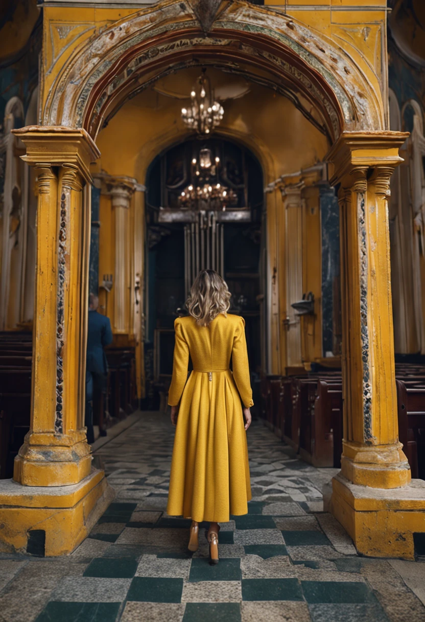 model walkst into the church , dressed in a blueish and yelow dress