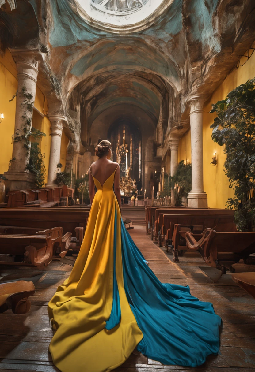 model walkst into the church , dressed in a blueish and yelow dress