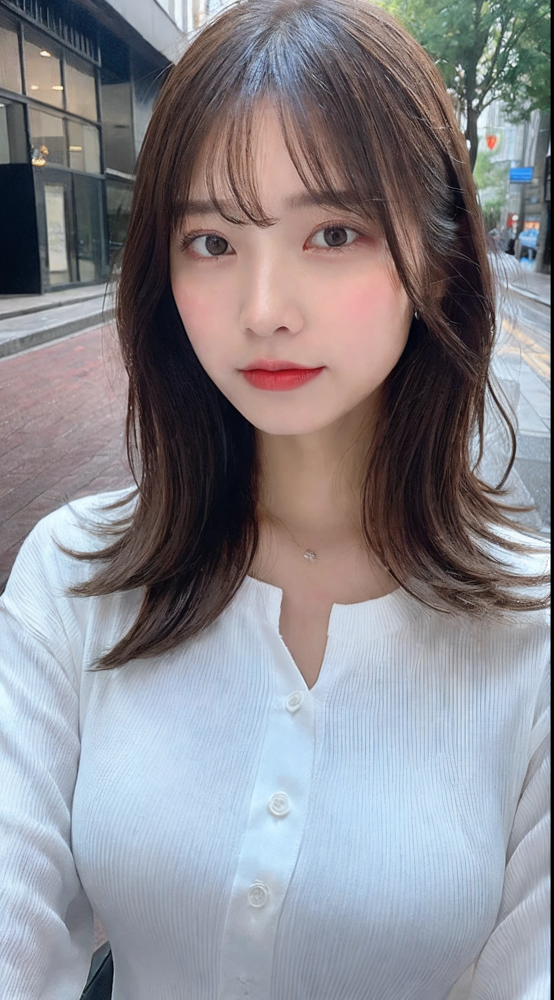 ((Best Quality, 8K, Masterpiece: 1.3)), Sharp: 1.2, Perfect Body Beauty: 1.4, Slim Abs: 1.2, ((Layered Hairstyle, Big Breasts: 1.2)), (Wet White Button Long Shirt: 1.1), (Rain, Street: 1.2), Wet: 1.5, Highly detailed face and skin texture, detailed eyes, double eyelids, side face looking at the camera