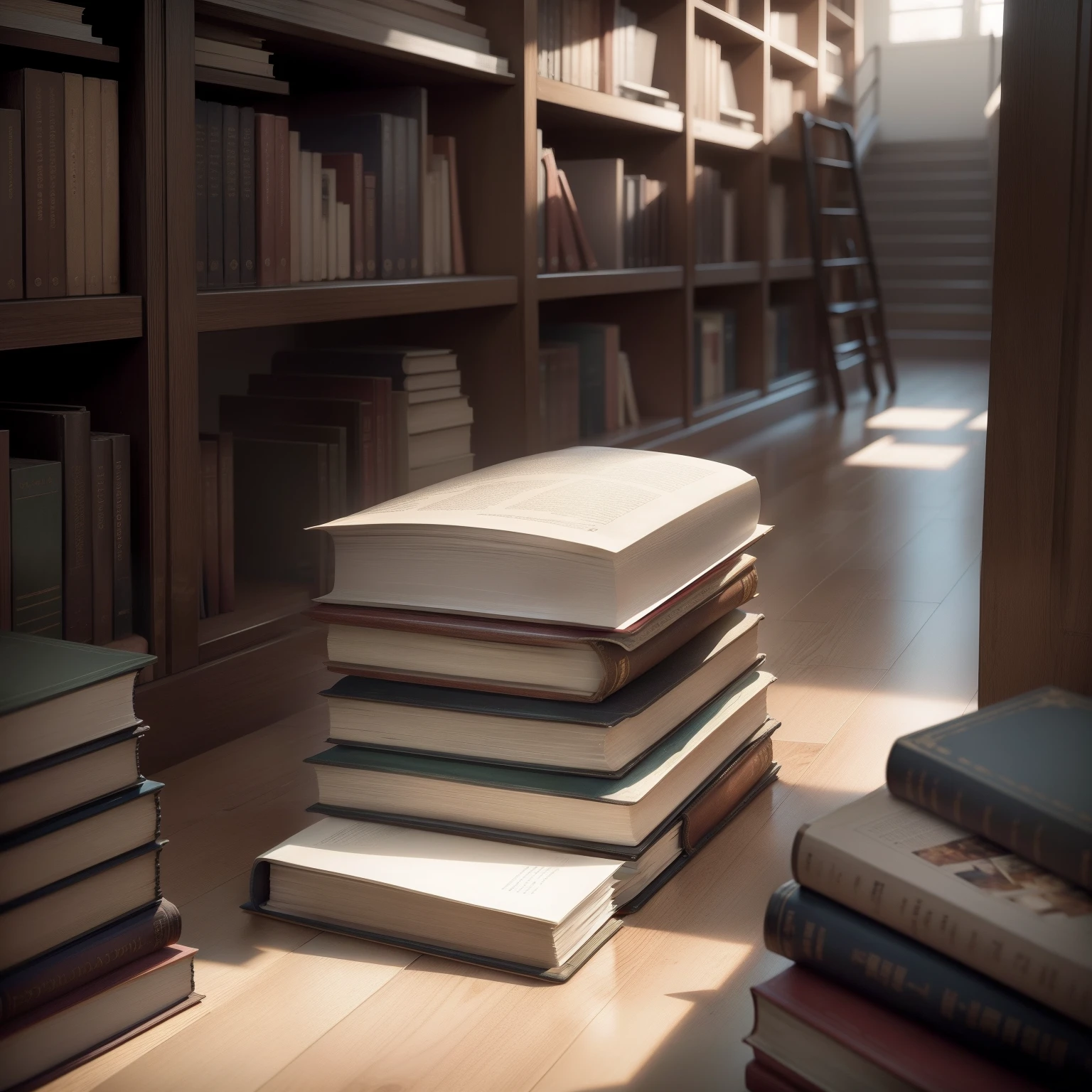 Piles of books and files in a library with a person searching book