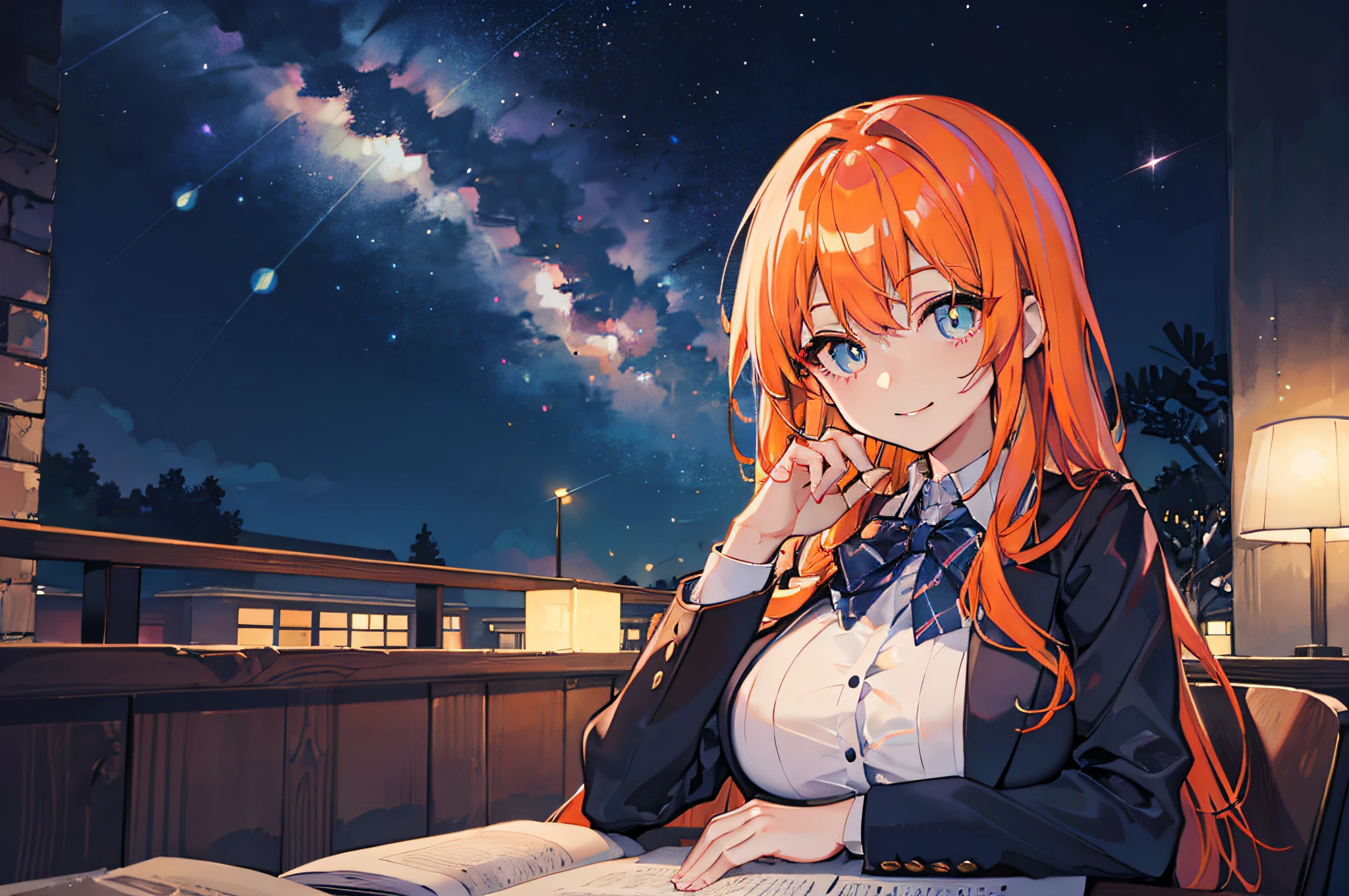 Beautiful woman Studying Smiling face on desk under the starry sky Terrace seating NOWAI deep in the night murky nighttime scene Test Preparation Pupils orange color hair Studying Mathematics Colossal tits Beautiful eyes that seem to be sucked in