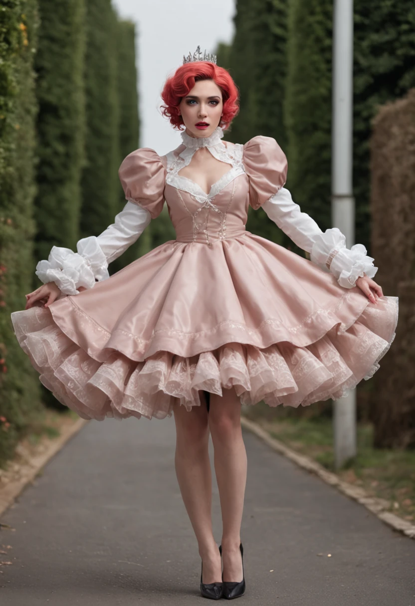 ((64k resolution)), ((Realistic render)), realistic full body photograph of cried and terrified prissy ????? transgender male, running from dark jail followed with crowded of prisoners, extreme tall bouffant hairstyle, wearing prissy sissy maid short latex dress with long huge puff sleeve and round neckline, (masterpiece), (best quality), (ultra detailed), (ray tracing)
