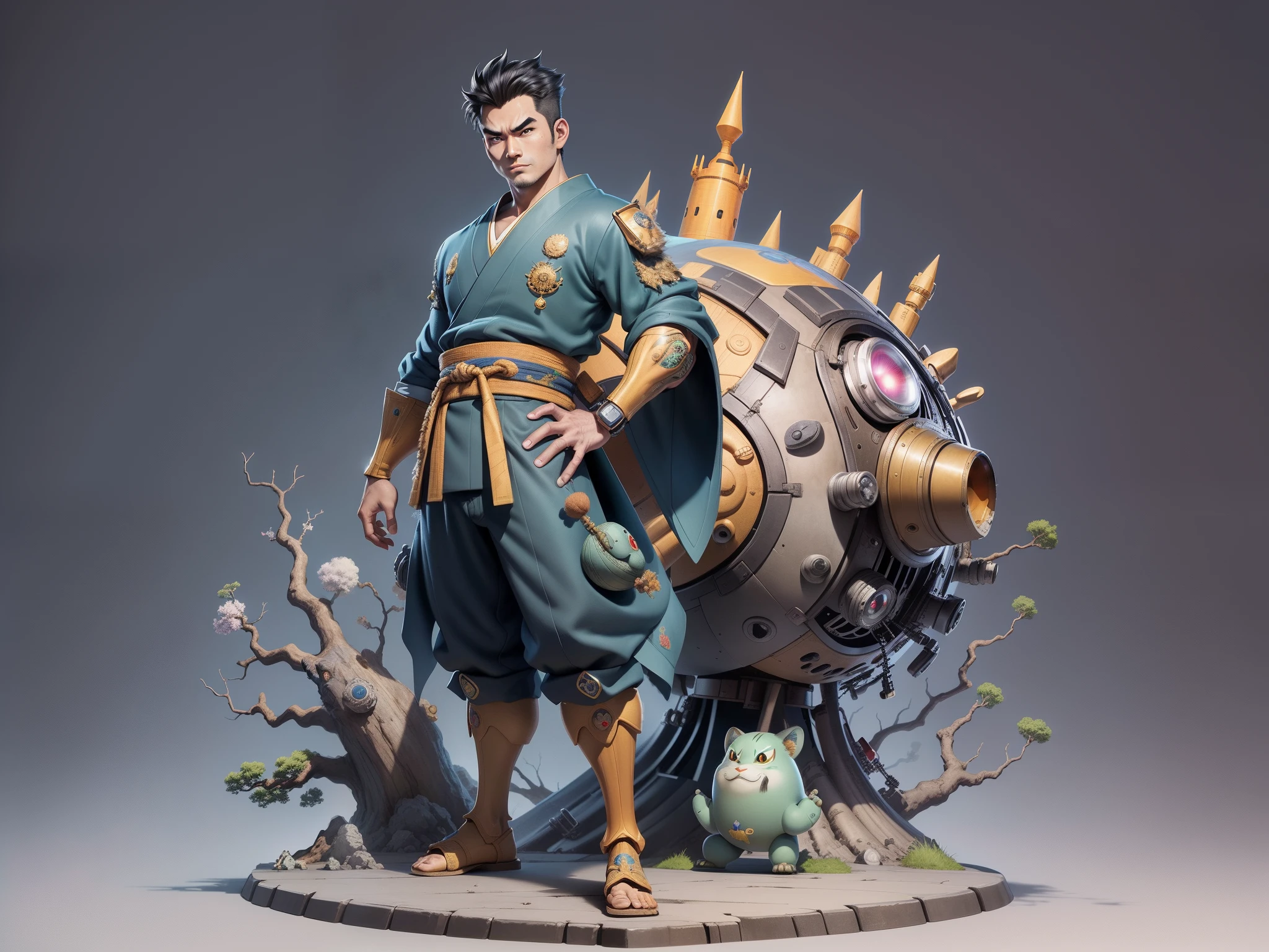 (Masterpiece), (Excellent), (Super Meticulous), (Full Body: 1.2), Super Young Man, Oriental Face, Japanese Kimono, Japanese Wind Thunder God, Dragon, Tiger, TV Anchor, Bust Portrait Illustration, Alone, Black Suit, Blue Tie, Slightly Chubby Face, Very Clean Face, No Beard, Black Super Short Hair, Black Eyes, Confident Smile, 3c Computer Sub-Products, iPad, iPhone, Digital Painting, 3D Character Design by Akira Toriyama and Mark Claireden and Pixar and Hayao Miyazaki, The illustration is a high-definition illustration in 4K resolution with very detailed facial features and cartoon-style visuals.