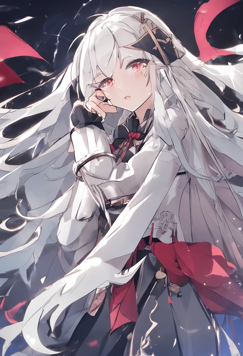 white hair, long hair, straight hair, straight hair, blindfold, heart-shaped pupils, shy, torogao, heart in eye, Royal sister, anime, UHD, UHD