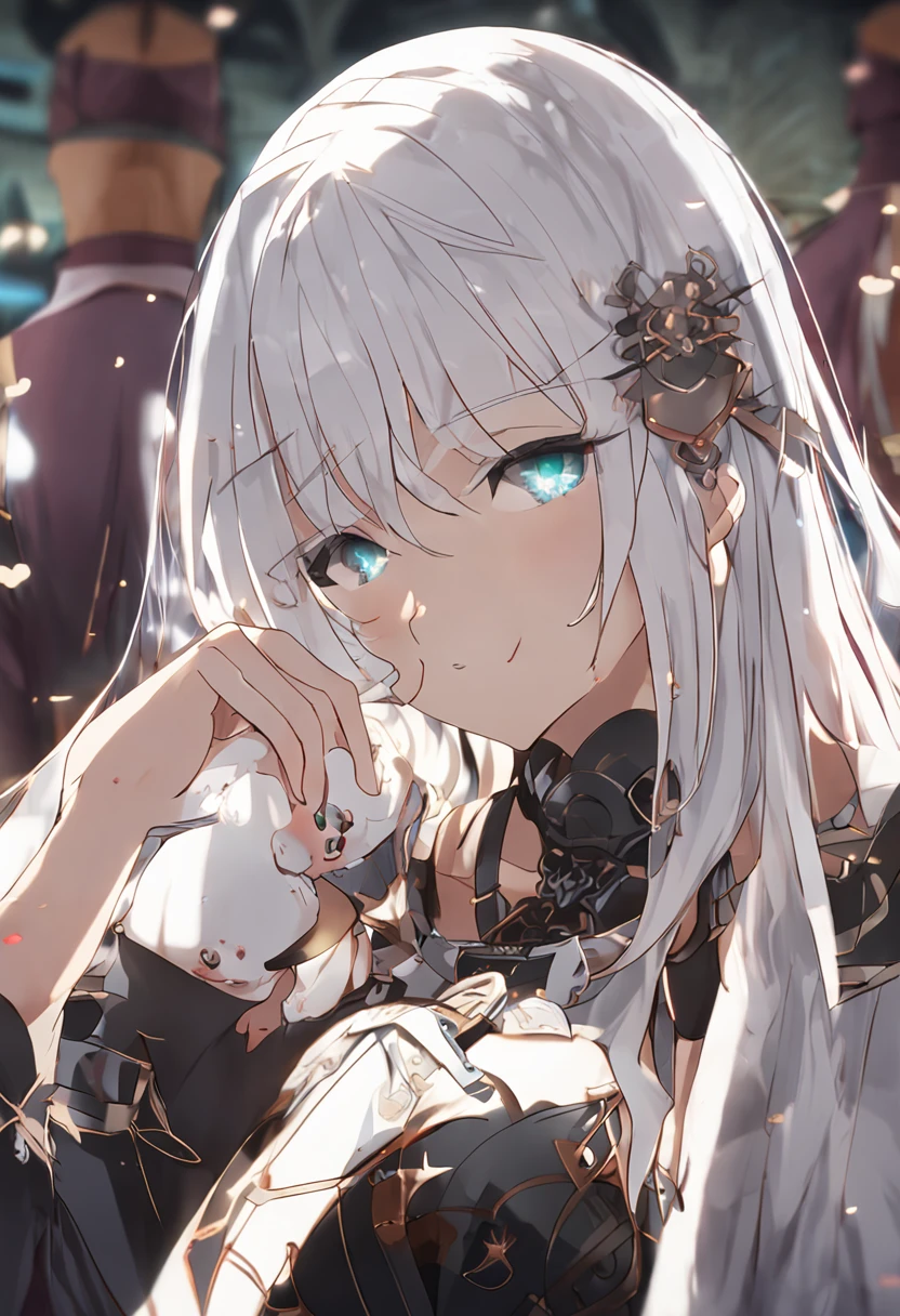 white hair, long hair, straight hair, straight hair, blindfold, heart-shaped pupils, shy, torogao, heart in eye, Royal sister, anime, UHD, UHD