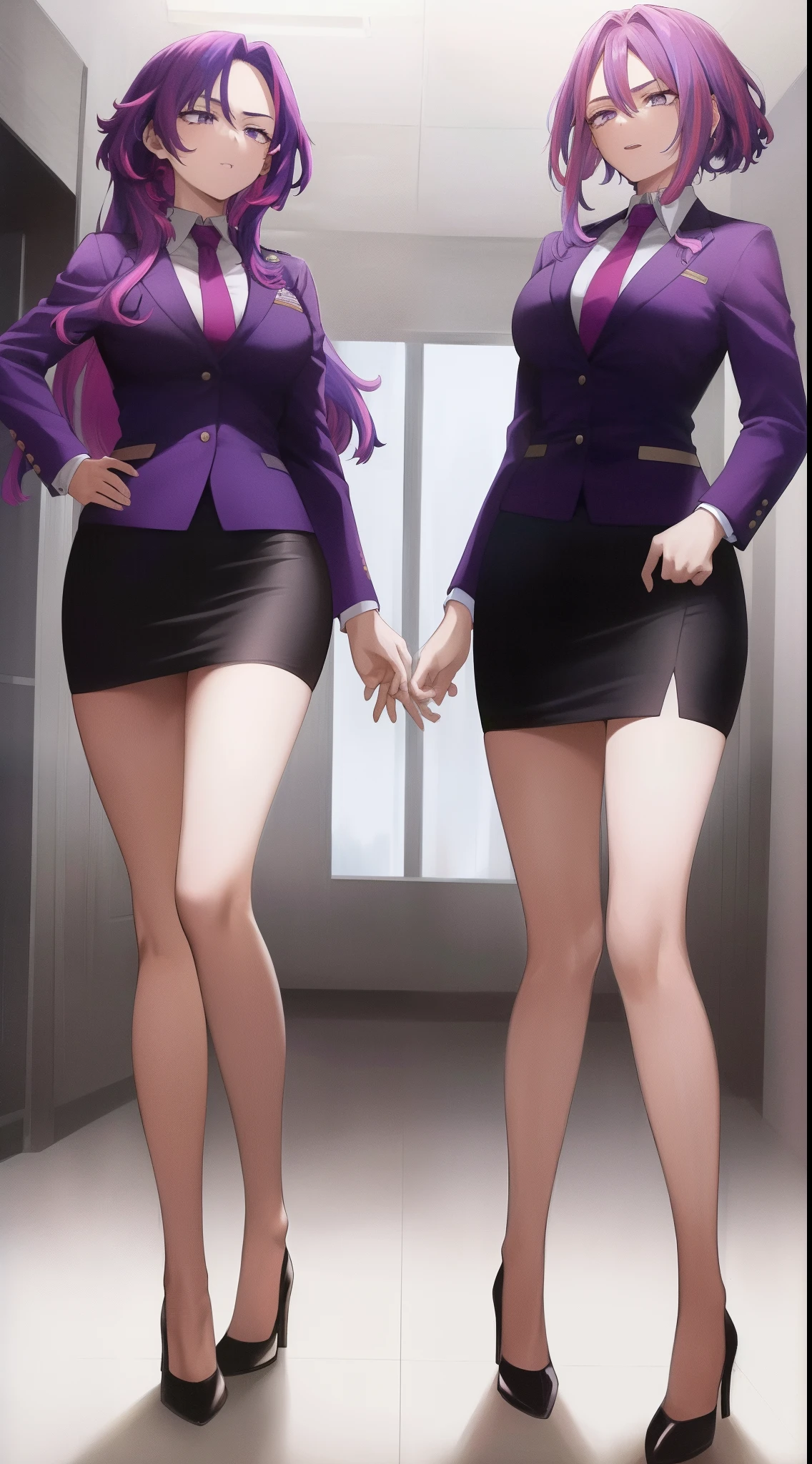 ((二人のIn underwearの女性がセクシーにOffice corridorを歩いているBack view:1.4), Beautiful Anime Women, Beautiful art style, Anime characters, ((Smooth texture, Realistic texture, Anime CG Style)), ((Highest quality)), (Very detailed), (Very detailed CG 統合 8k 壁紙), Very detailed, High-resolution RAW color photos, Professional photography, Brown Hair, Stylish hairstyle, Slender body, (Stunningly beautiful woman), (Office corridor, Many business people walking down the corridor, There is a window in the hallway:1.3), ((Black high heels:1), (Sexy and cute magenta underwear:1.3), (Stylish shiny magenta satin panties, Side-tie panties, Panties with lace trim:1.3), (Thin panties:1.3), (Magenta Micro Lace Satin Bra, Magenta Blau with lace trim, Thin bra:1.3), (lace garter belt, Garter Strings, Black knee socks:1.3):1.3), naked, In underwear, In underwearのオフィスレディ, Exact number of arms, Exact number of legs, Perfect Anatomy, (Embarrassed expression, Surprised expression), Angle from the rear, Exact finger count、Exact number of legs、(Exact number of arms:1.0, Exact number of hands:1.0), (Perfect hands, Perfect Anatomy), (Back view:1.4)