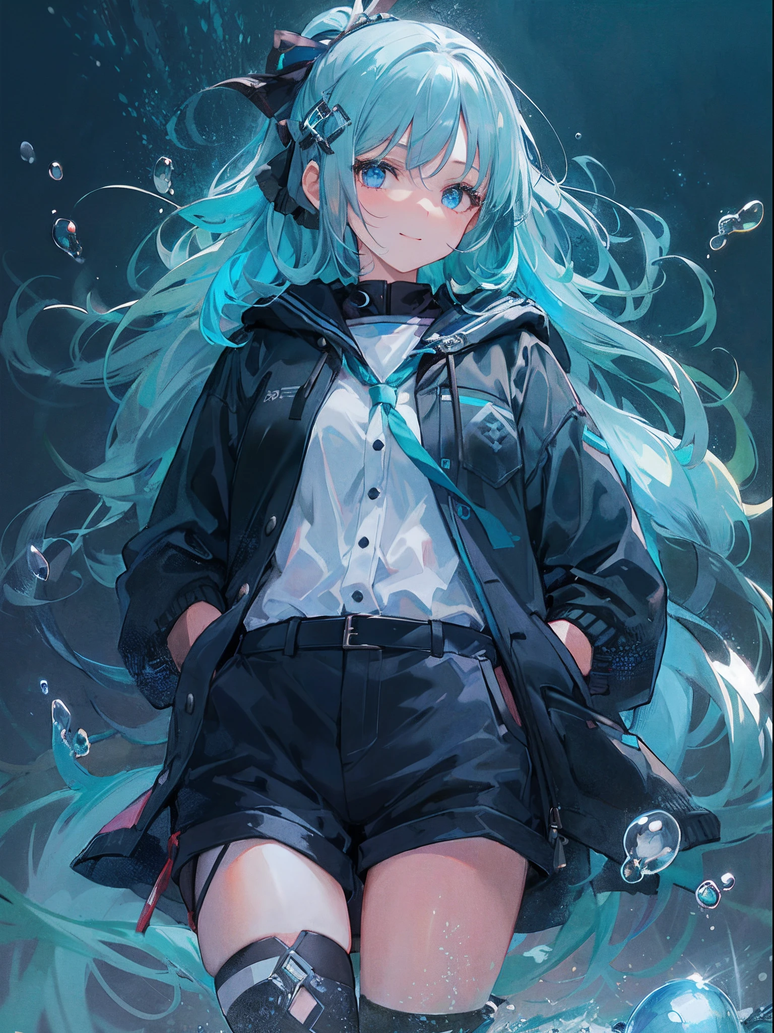 ((top-quality)), ((masterpiece)), ((ultra-detailliert)), (extremely delicate and beautiful), girl with, 独奏, cold attitude,((Black jacket)),She is very(relax)with the(Settled down)Looks,A dark-haired, depth of fields,evil smile,Bubble, under the water, Air bubble,bright light blue eyes,Inner color with light blue hair and dark blue tips,Cold background,Bob Hair - Linear Art, shortpants、knee high socks、White uniform like school uniform、Light blue ribbon ties、Clothes are sheer、Hands in pockets