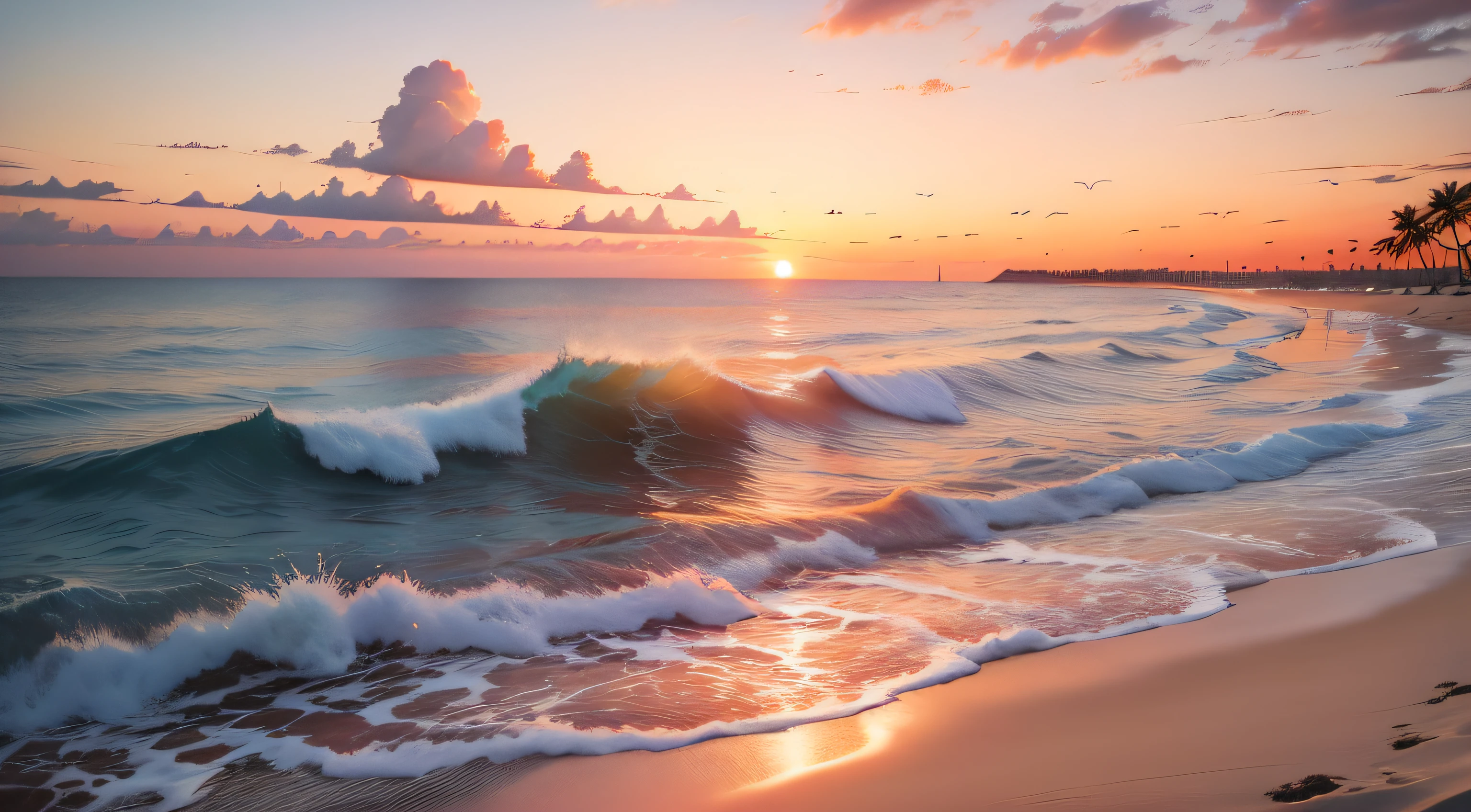 A beautiful coastal landscape at sunset, with a golden beach stretching as far as the eye can see. Ocean waves gently lick the shore, while a light sea breeze caresses the palm trees that line the beach. Une silhouette solitaire se tient debout au sommet d'une dune, Looking at the horizon with wonder. The atmosphere is marked by a deep serenity, offrant un sentiment de paix et de connexion avec la nature. Photographie, objectif grand angle 24mm, --ar 16:9 --v 5, black hair, Surrealism, Hyperrealism, cinematic lighting, cinematic lighting, cinematic lighting, Hyperrealism, cinematic lighting, Hyperrealism, cinematic lighting, cinematic lighting, cinematic lighting, optical illusion, best quality, high details, retina, best quality, 8k, high details, high quality, retina, best quality, retina, high details, anatomically correct, best quality, high quality, high details, UHD, 16k, retina, best quality, high quality, high details, best quality, high quality, high details, UHD, anatomically correct, 16k