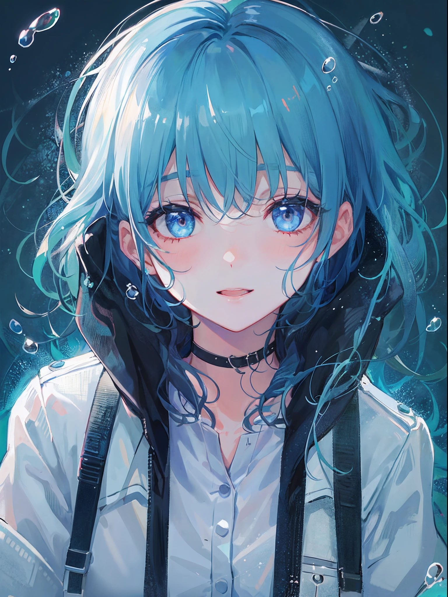 ((top-quality)), ((​masterpiece)), ((ultra-detailliert)), (extremely delicate and beautiful), girl with, 独奏, cold attitude,((Black jacket)),She is very(relax)with  the(Settled down)Looks,A dark-haired, depth of fields,evil smile,Bubble, under the water, Air bubble,bright light blue eyes,Inner color with light blue hair and dark blue tips,Cold background,Bob Hair - Linear Art, shortpants、knee high socks、White uniform like school uniform、Light blue ribbon ties、Clothes are sheer、Hands in pockets