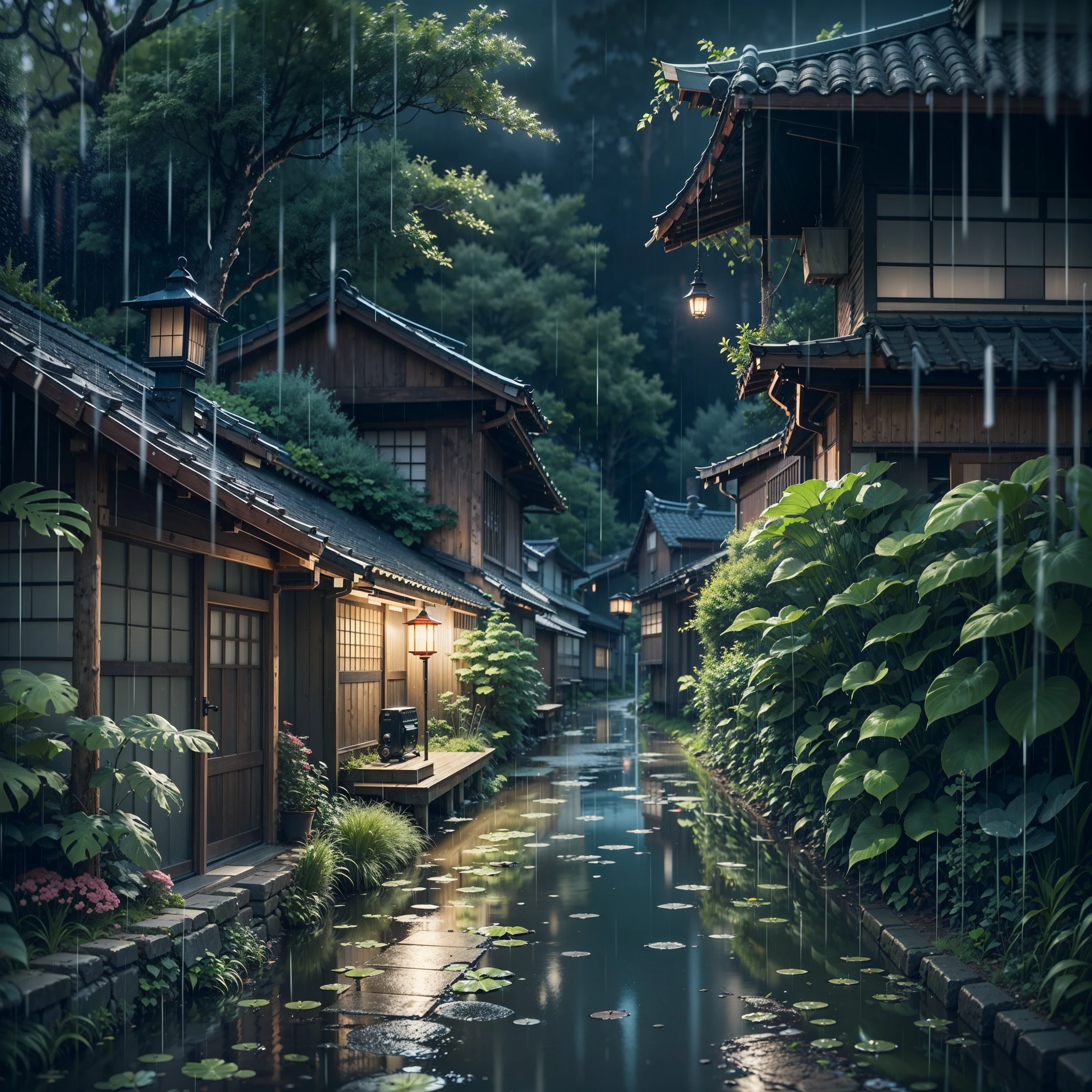 urban Japanese street next to stream of water, rain, raining, heavy rainfall, wet, puddles, dramatic rain, dramatic rain, heavy rain, lots of rain, overgrown vegetation, night time, dark, night, house illuminating surroundings by lantern, traditional Japanese lantern, (no one: 1), no one in sight, no people, best quality, anime, anime style, lofi, calm,