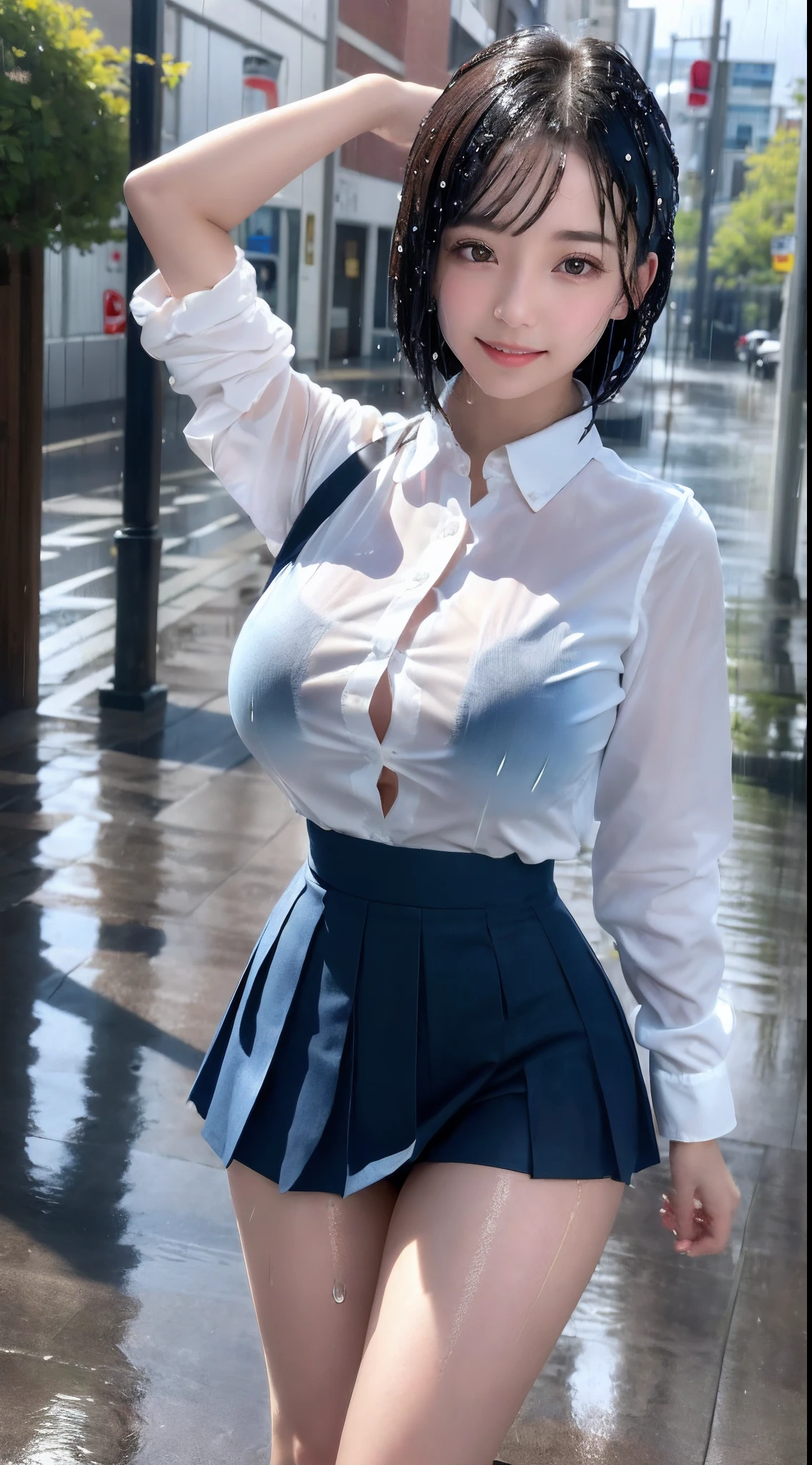 (8K, 超A high resolution, Best Quality, masutepiece:1.2),(18year old:1.2)、(Look away)、8K、RAW portrait of japanese girl、Photorealsitic、超A high resolution、top-quality、 (huge-breasted、Close all buttons on the shirt:1.4)(student clothes、Pure White Cutter Shirt、Blue Check Pleated Mini Skirt:1.35)、(in a street:1.2) BREAK (Natural Skin Texture、Detailed skin、Hyper-Realism、ultra sharpness)、intricate detailes、depth of fields(Put a white shirt inside the skirt:1.3)、Show the armpits、Plaid Pleated Micro Mini Skirt(Black hair long straight、Shiny legs、Black loafers、Black stockings:1.3)(Open your legs wide to the sides、Bend your knees considerably、Crotch indirect:1.4)(rainy day、rain is falling、Rain-drenched body:1.4)
