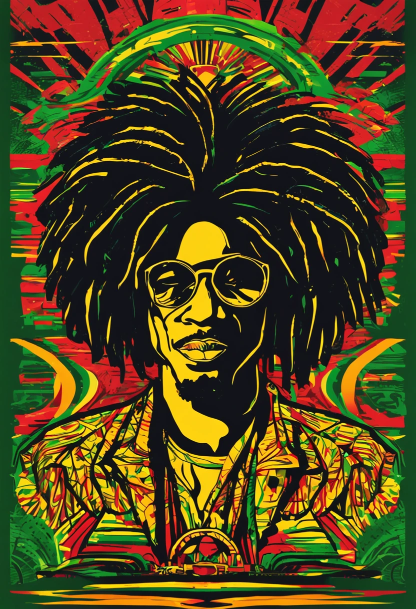 Create a logo with the head of a black man with dreadlocks in black colors, verde, amarelo e vermelho (olhando para a frente) , imagem estilo logomarca , Sober, (fundo preto), Image with resolution of at least 300dpi, UHD 8k, Very high quality for excellent printing. Lighting that highlights the figure in relation to the background, cores do reggae, Estilo da camada de disco