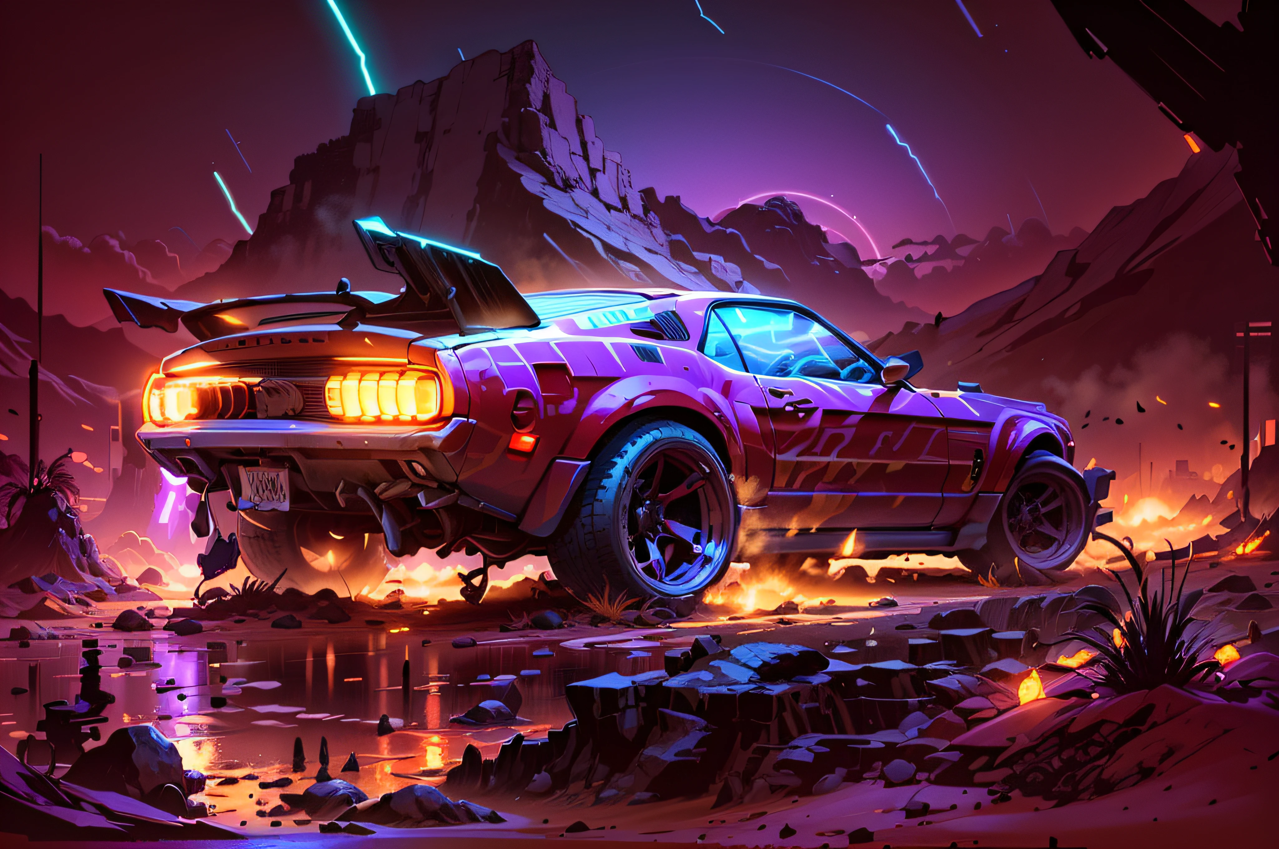 Cartooned retrowave, Post-apocalyptic desert, Post-apocalyptic armored 1969 Mustang in a desert with synthwave inks and neon lights, mad max aesthetic, blade runner 2049 lights style, (masterpiece,detailed,highres)