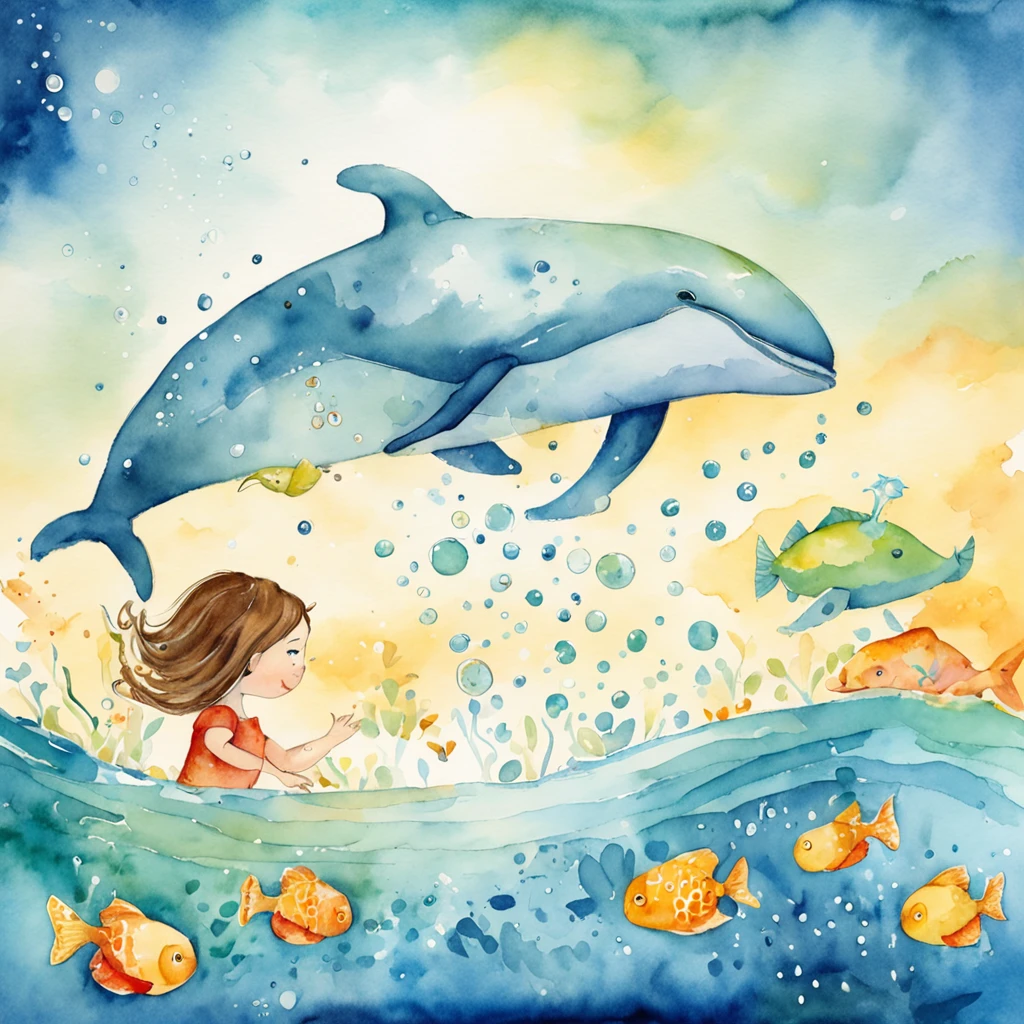 Children's book illustration：Girl in white swimming with whales at the bottom of the sea，The whale jumped out, The bubbles around the surface of the water slowly rise，Sunlight slanting, prime time,