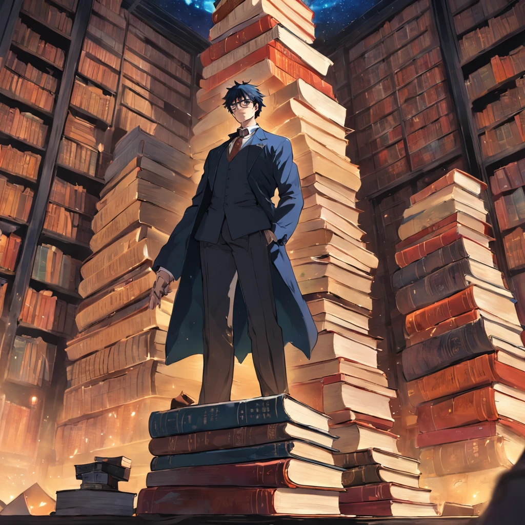 An intellectual gentleman confidently posing amidst a towering stack of books.
