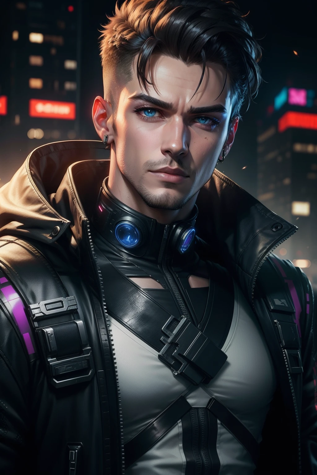 Change background cyberpunk handsome boy. Realistic face, ultra realistic