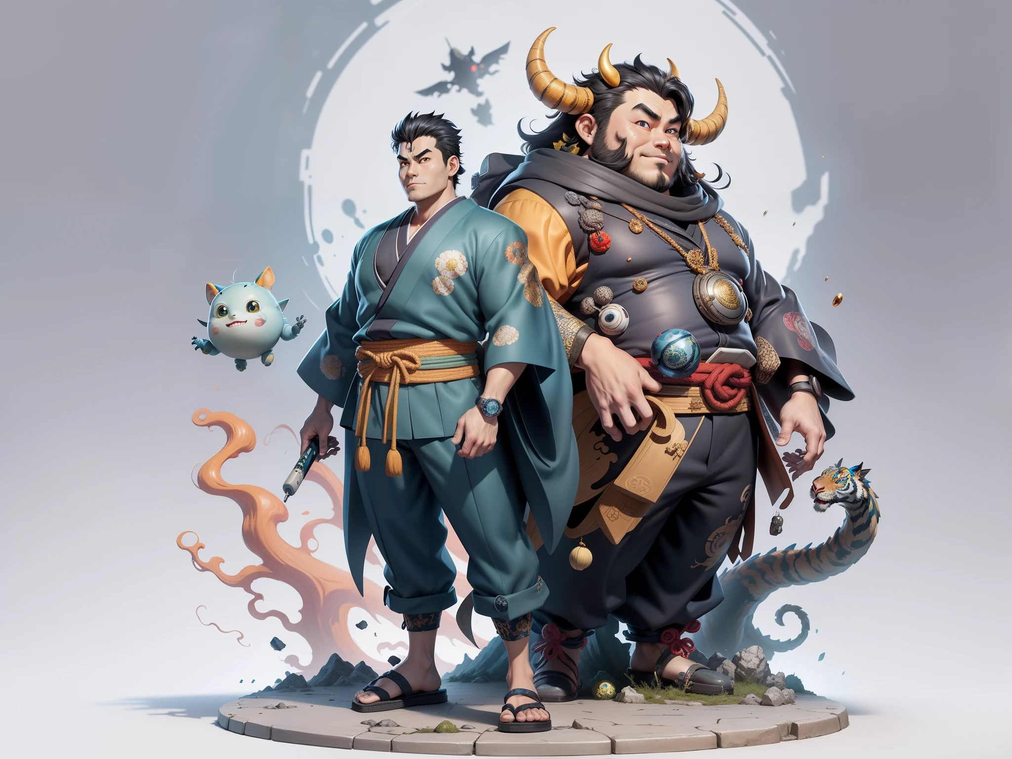 (Masterpiece), (Excellent), (Super Meticulous), (Full Body: 1.2), Super Young Man, Oriental Face, Japanese Kimono, Japanese Wind Thunder God, Dragon, Tiger, TV Anchor, Bust Portrait Illustration, Alone, Black Suit, Blue Tie, Slightly Chubby Face, Very Clean Face, No Beard, Black Super Short Hair, Black Eyes, Confident Smile, 3c Computer Sub-Products, iPad, iPhone, Digital Painting, 3D Character Design by Akira Toriyama and Mark Claireden and Pixar and Hayao Miyazaki, The illustration is a high-definition illustration in 4K resolution with very detailed facial features and cartoon-style visuals.
