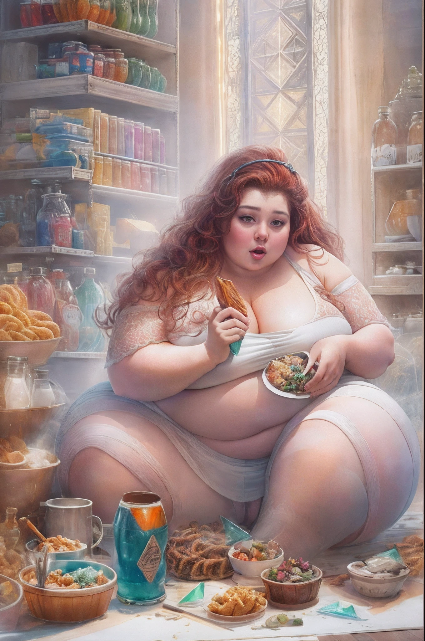 Fat woman, saggy big boobs, saggy belly, eating junk food,tight dress, large ass, 1girl, fat shoulders, auburn long hair, masterpiece, best quality, shoes, full body, posing for a picture, beautifully color-coded, socks, scrunchbutt leggings white background, studio, looking camera, covered by hood,16k resolutio, dry brush, brush strokes, Watercolor, trending on artstation, sharp focus, studio photo, intricate details, highly detailed, Broken Glass effect, no background, stunning, something that even doesn't exist, mythical being, energy, molecular, textures, iridescent and luminescent scales, breathtaking beauty, pure perfection, divine presence, unforgettable, impressive, breathtaking beauty, Volumetric light, auras, rays, vivid colors reflects